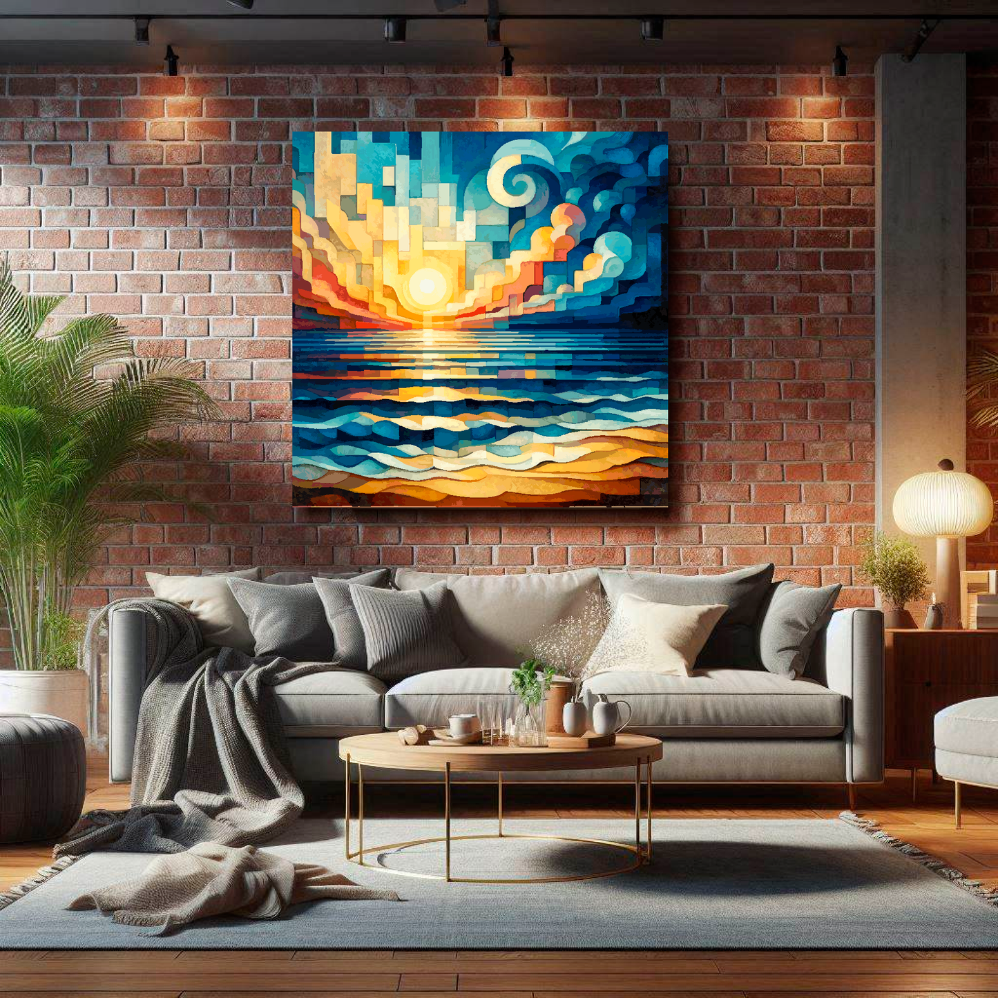 Large cubism sunrise canvas on brick wall above grey sofa - bold coastal art UK living room