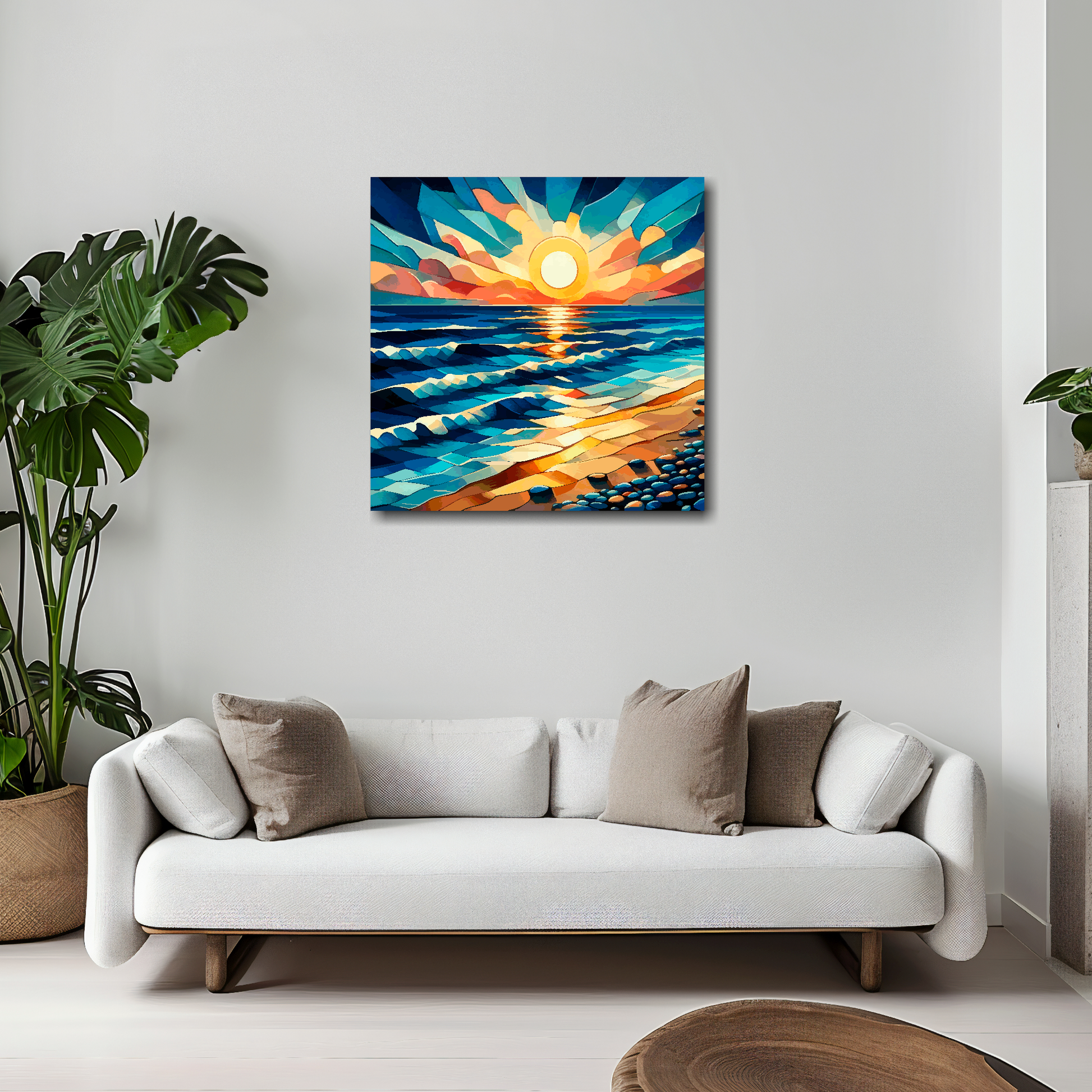 Cubism sunset canvas 20x20 inches above white sofa - vibrant coastal wall art UK
