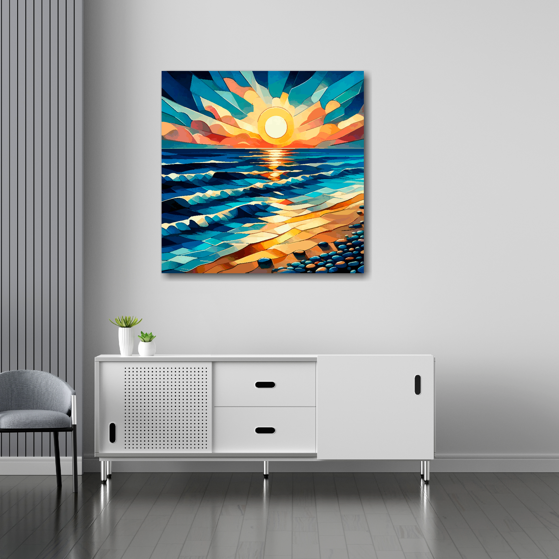 Cubism sunset canvas 30x30 inches above sideboard - large colourful coastal art UK made