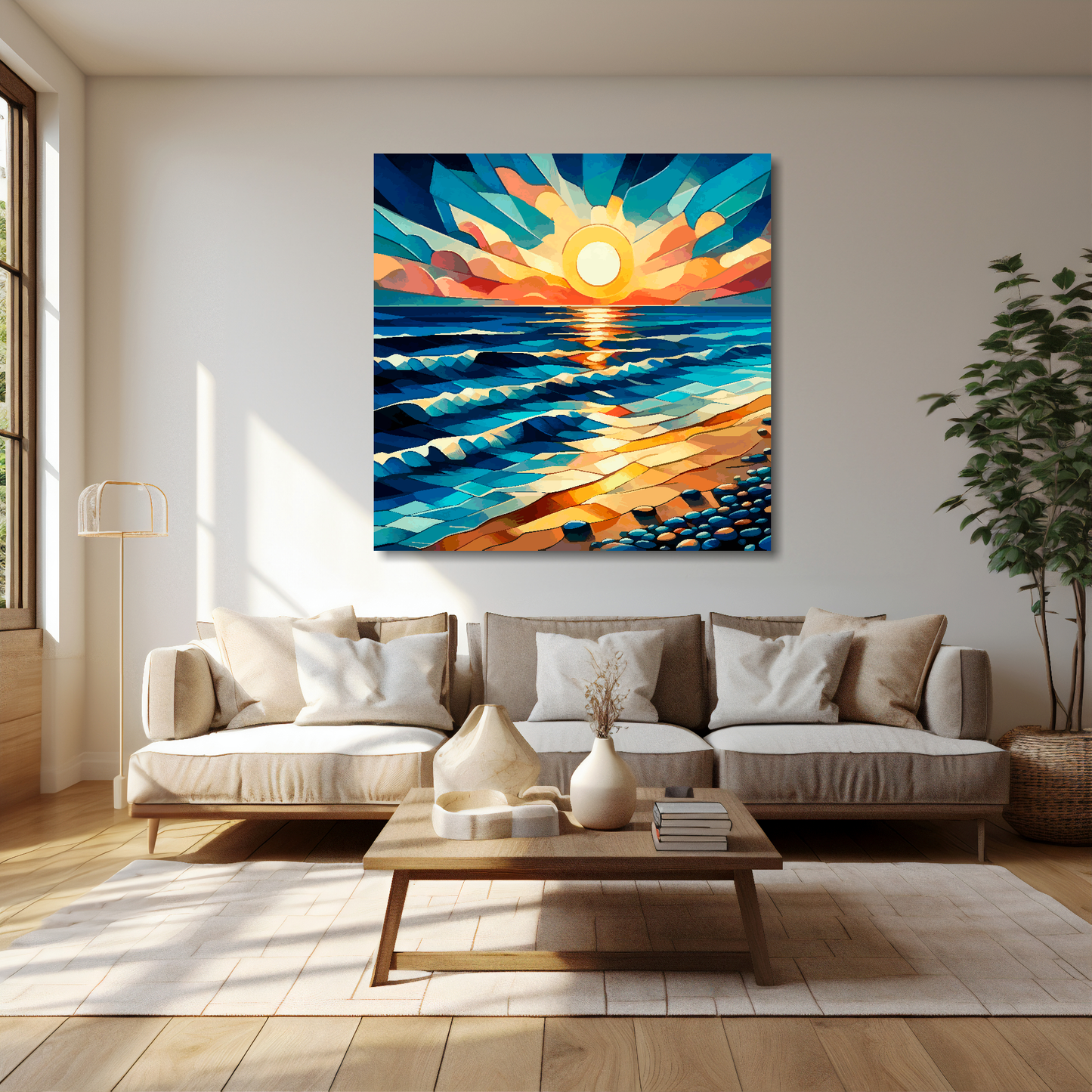 Cubism sunset canvas 40x40 inches above cream sofa - XL vibrant coastal wall art UK