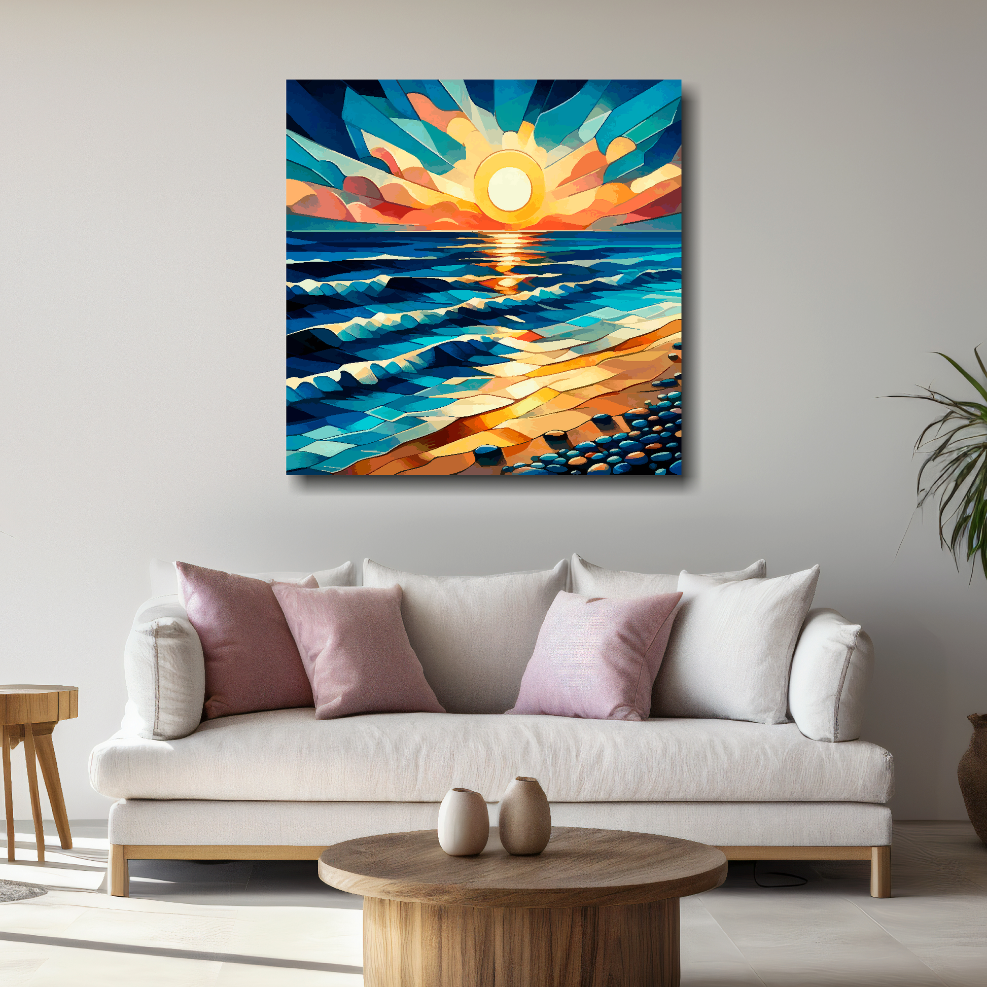 Large cubism sunset canvas above white sofa - vibrant abstract coastal wall art UK
