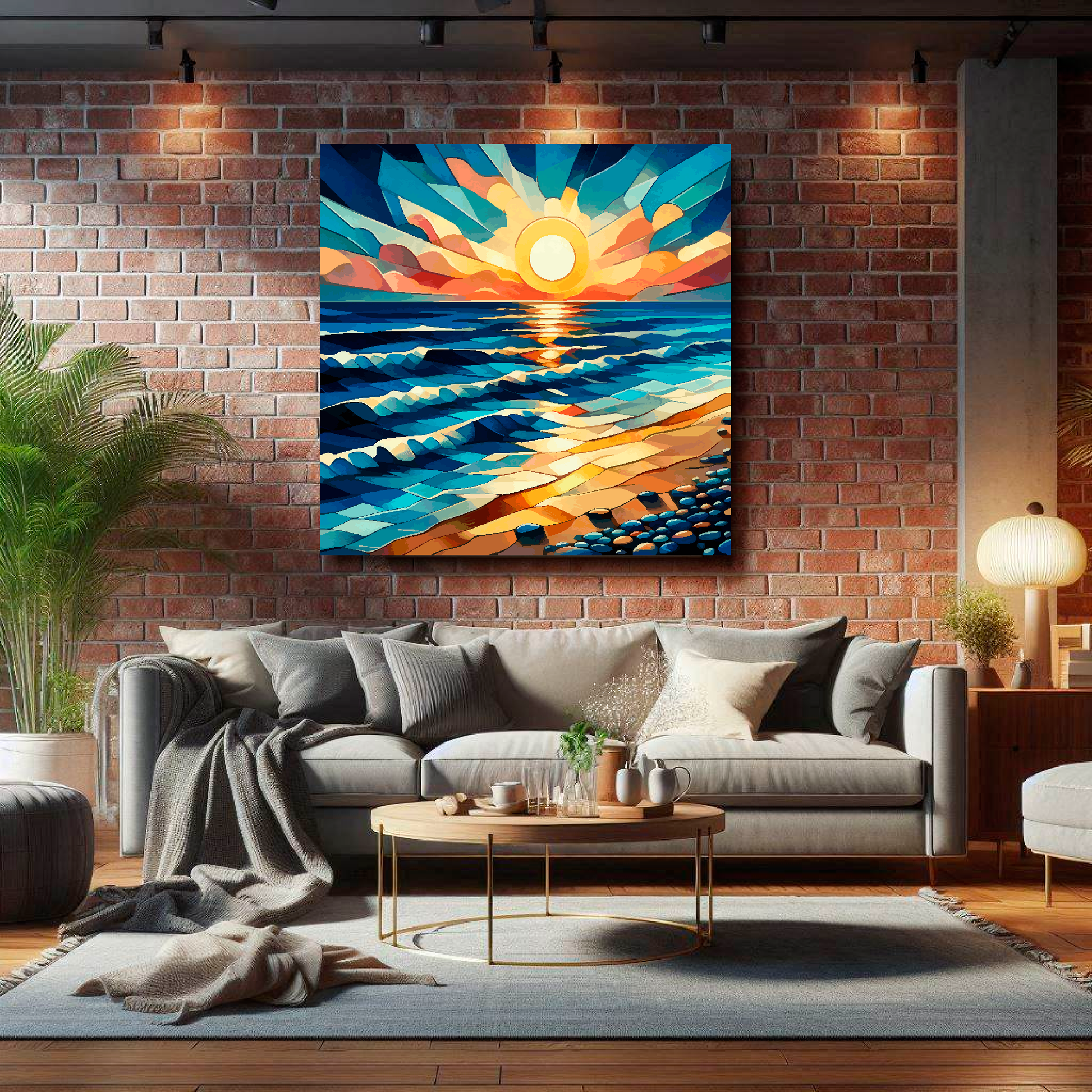 Large cubism sunset canvas on brick wall above grey sofa - bold coastal art UK living room