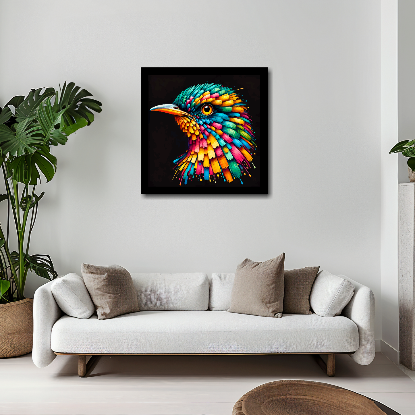 Cuckoo canvas 20x20 inches above white sofa - vibrant bird portrait wall art UK