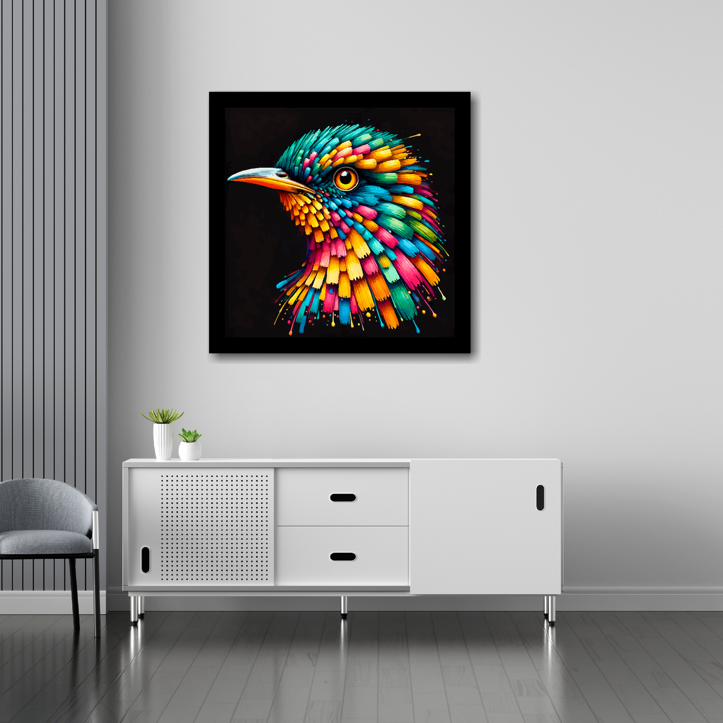 Cuckoo canvas 30x30 inches above sideboard - large colourful bird portrait UK made