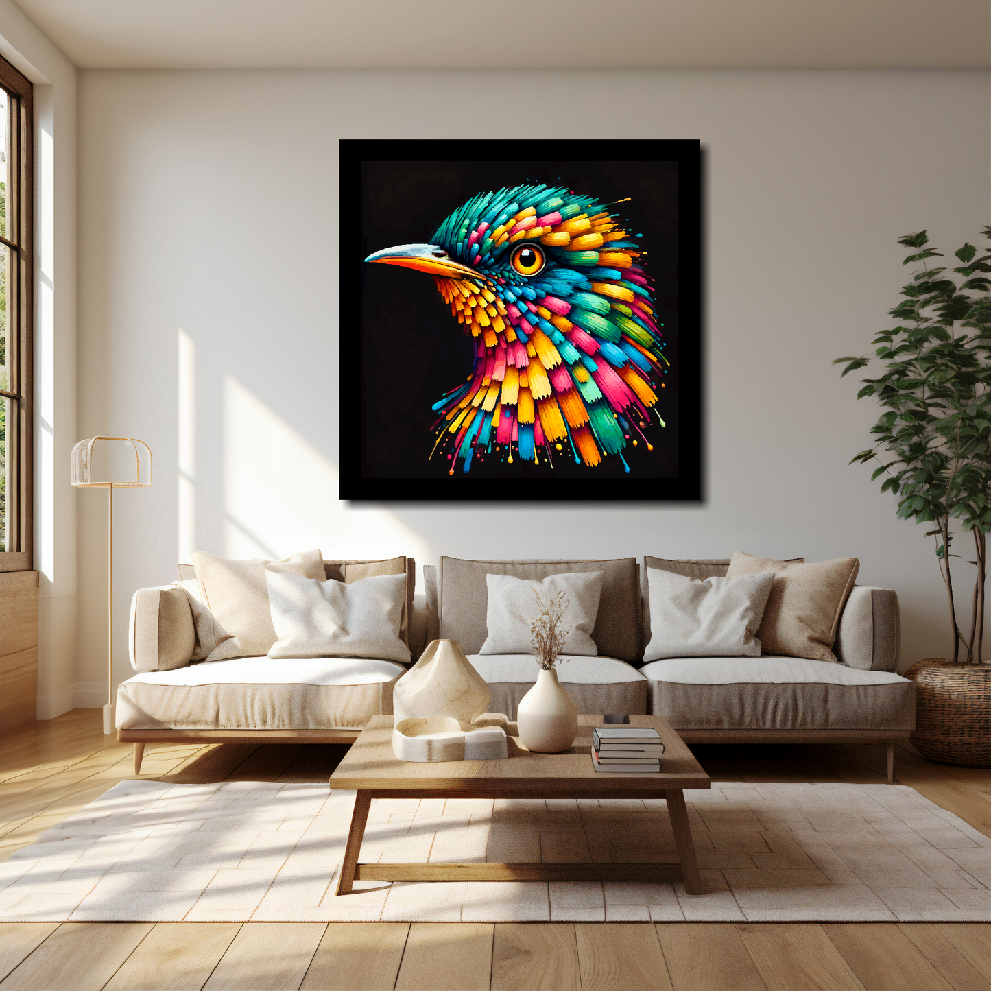 Cuckoo canvas 40x40 inches above cream sofa - XL vibrant bird wall art UK