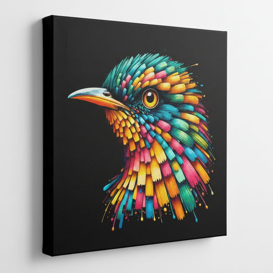 Colourful Cuckoo bird portrait canvas print - UK made abstract wildlife wall art black background