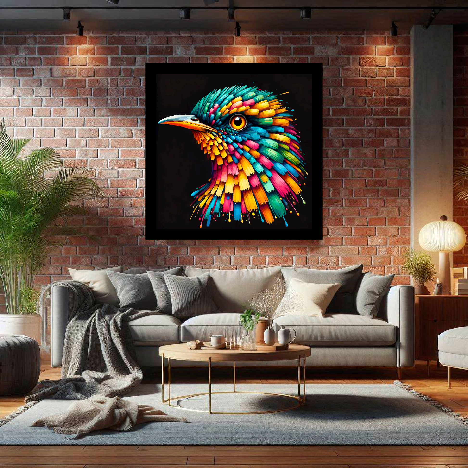 Large Cuckoo canvas on brick wall above grey sofa - bold bird portrait UK living room