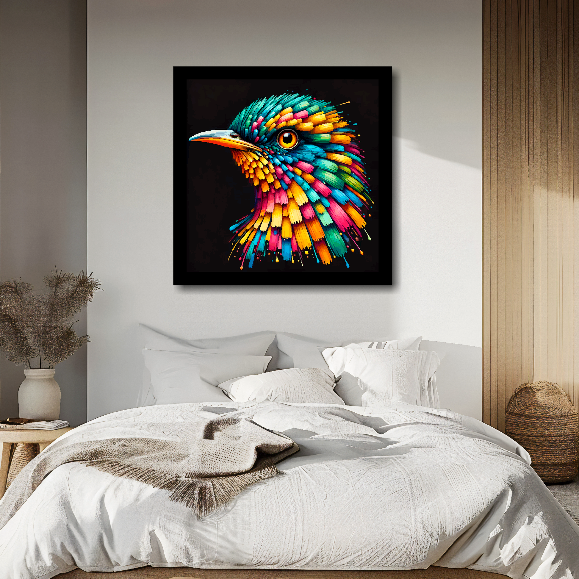 Cuckoo portrait canvas above bed - colourful bird wall decor for UK bedrooms