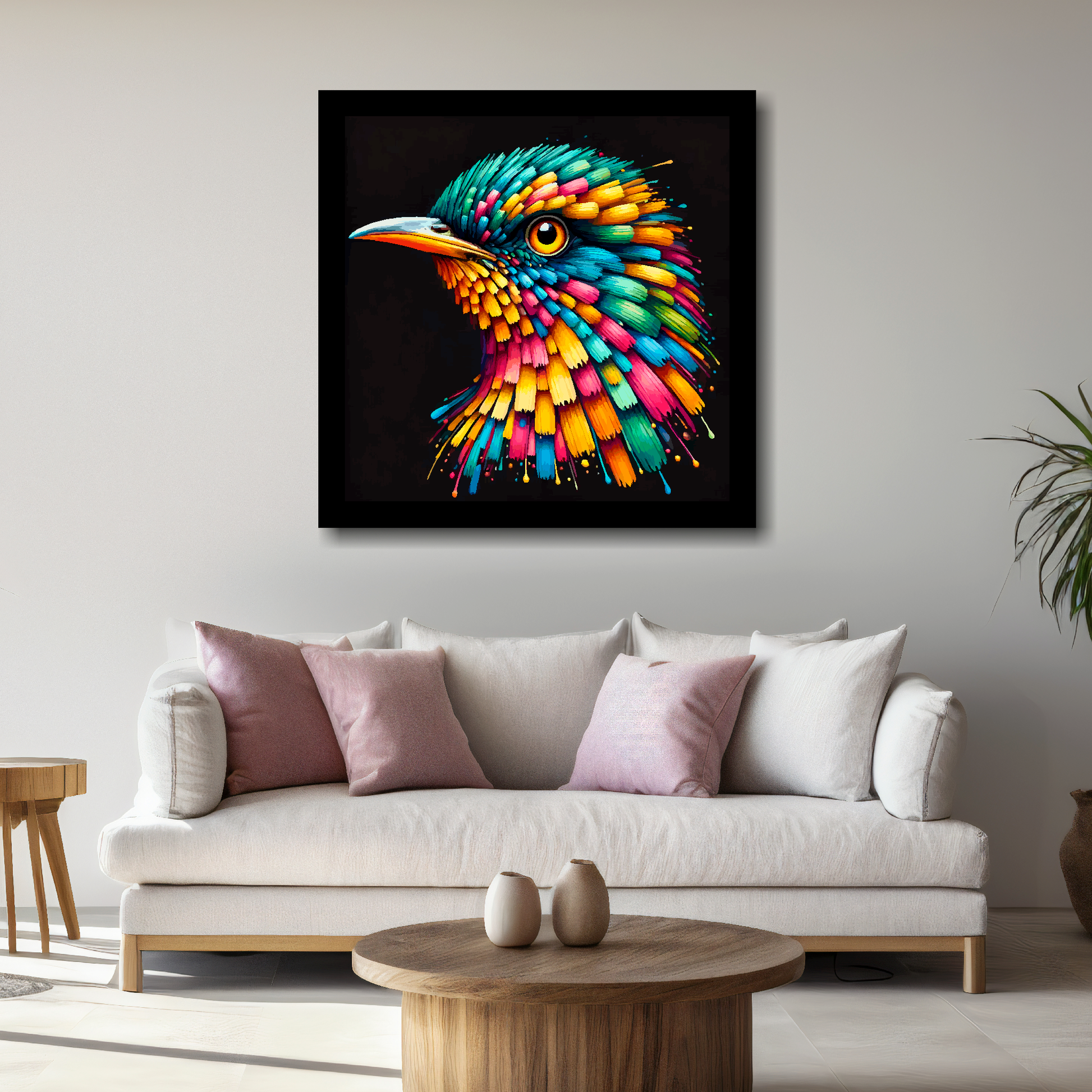Large Cuckoo canvas above white sofa - vibrant abstract bird portrait wall art UK