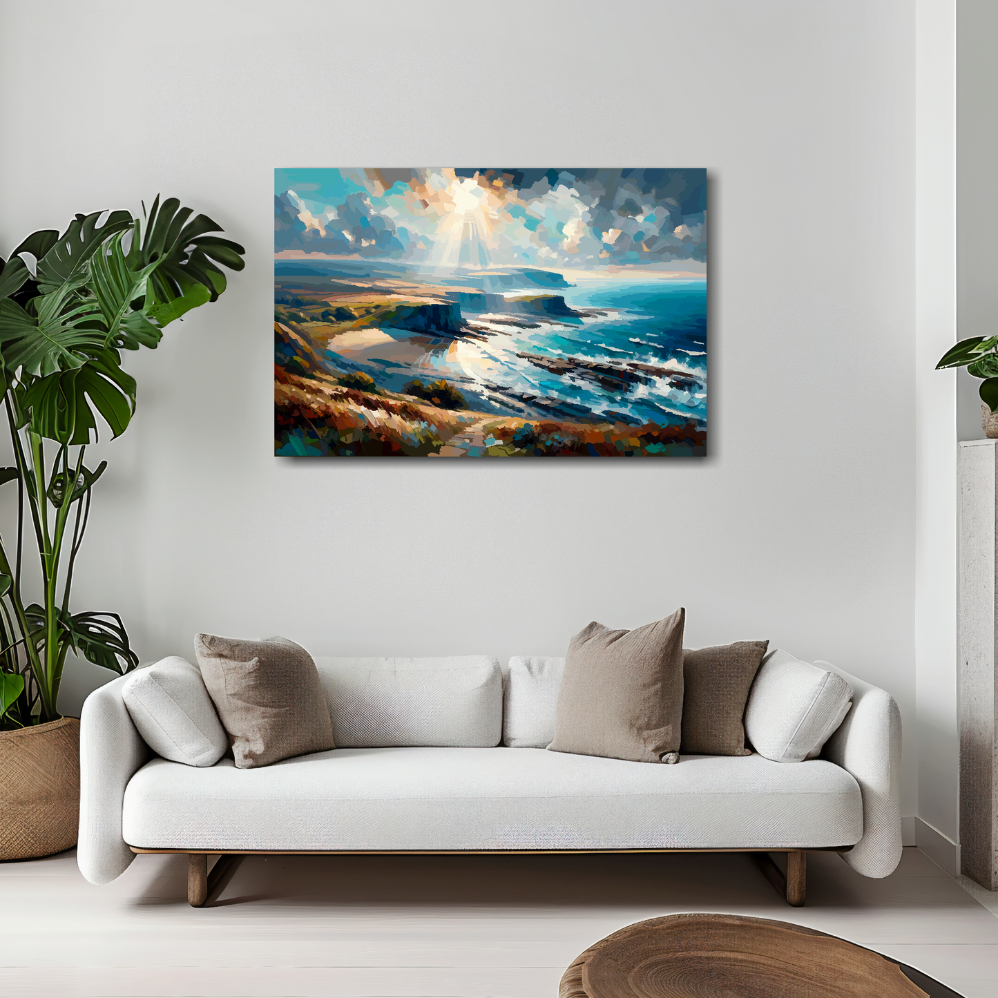 Cumbria coast canvas 30x20 inches above white sofa - vibrant UK coastal wall art