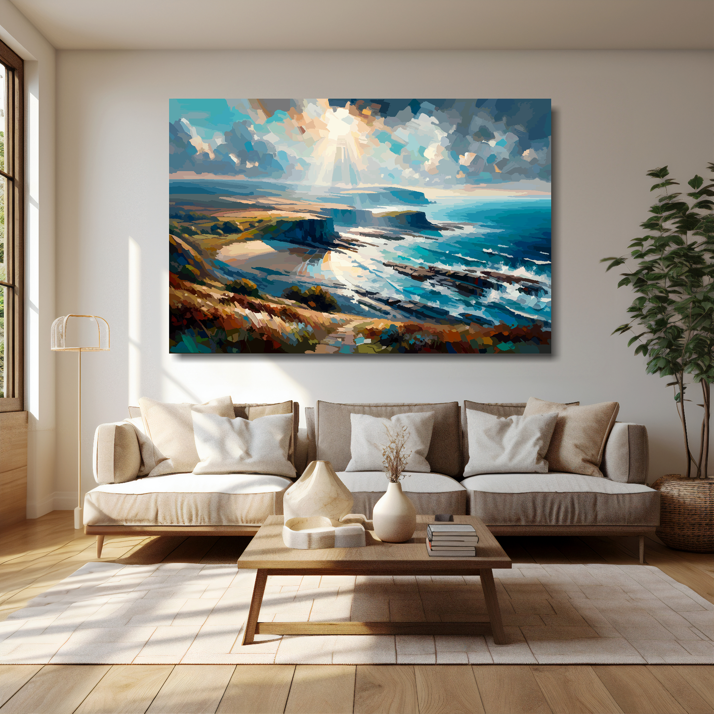 Cumbria coast canvas 60x40 inches above cream sofa - XL vibrant UK coastal wall art