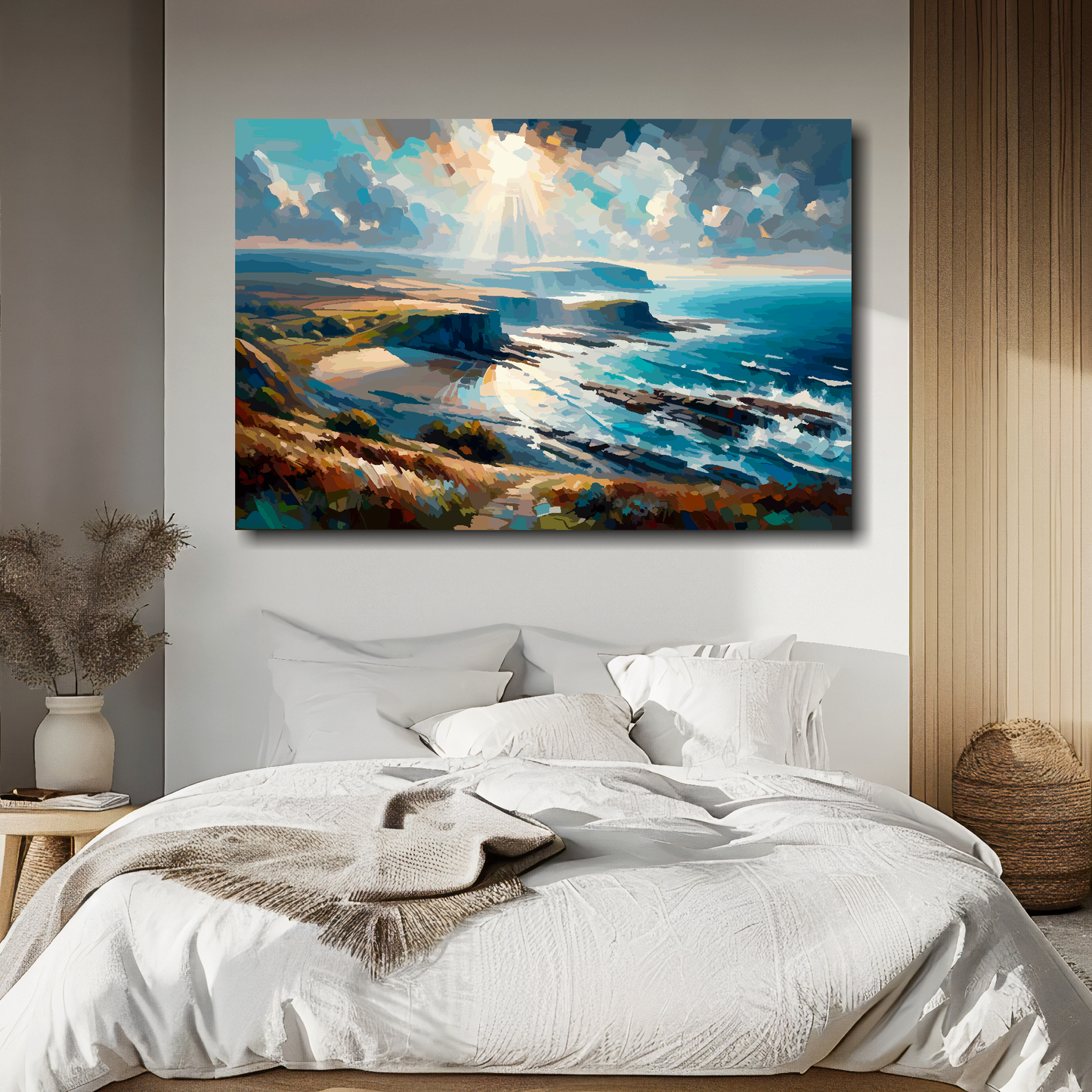 Cumbria coast canvas above bed - colourful UK coastal wall decor for bedrooms