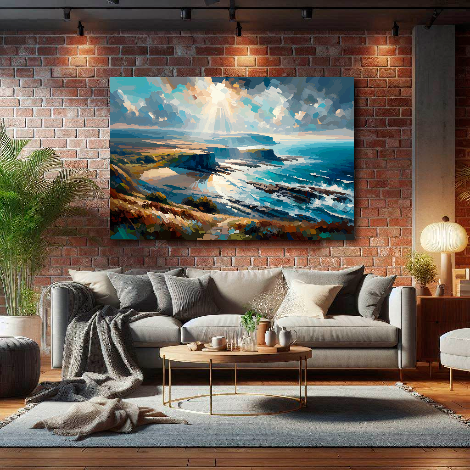 Large Cumbria coast canvas on brick wall above grey sofa - bold UK coastal art living room