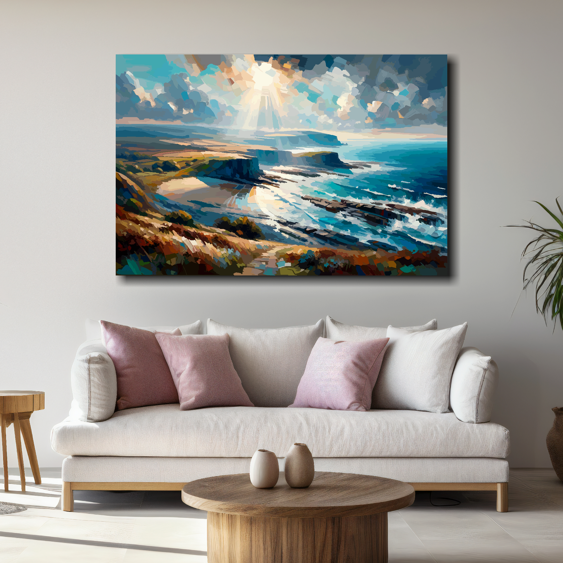 Large Cumbria coast canvas above white sofa - vibrant abstract UK coastal wall art