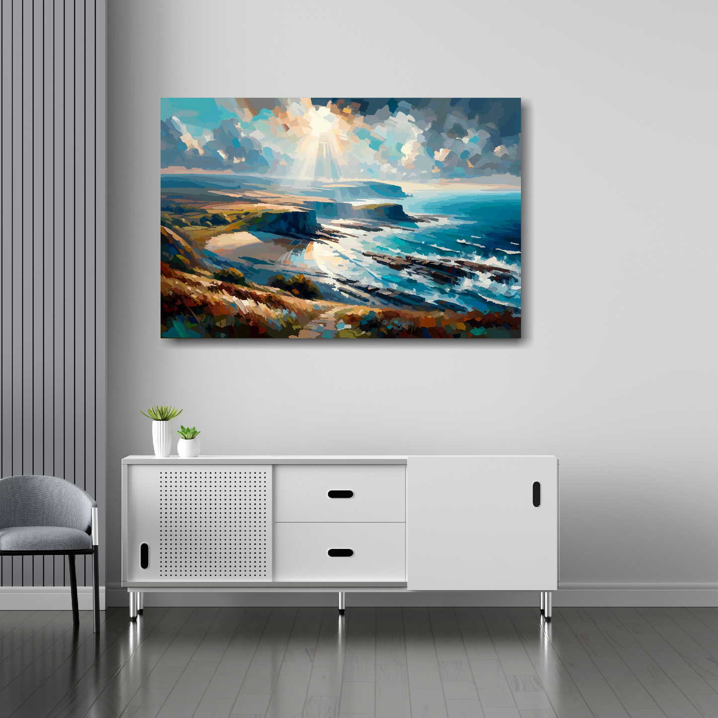 Cumbria coast canvas 36x24 inches above sideboard - large colourful UK coastal art made in Britain

