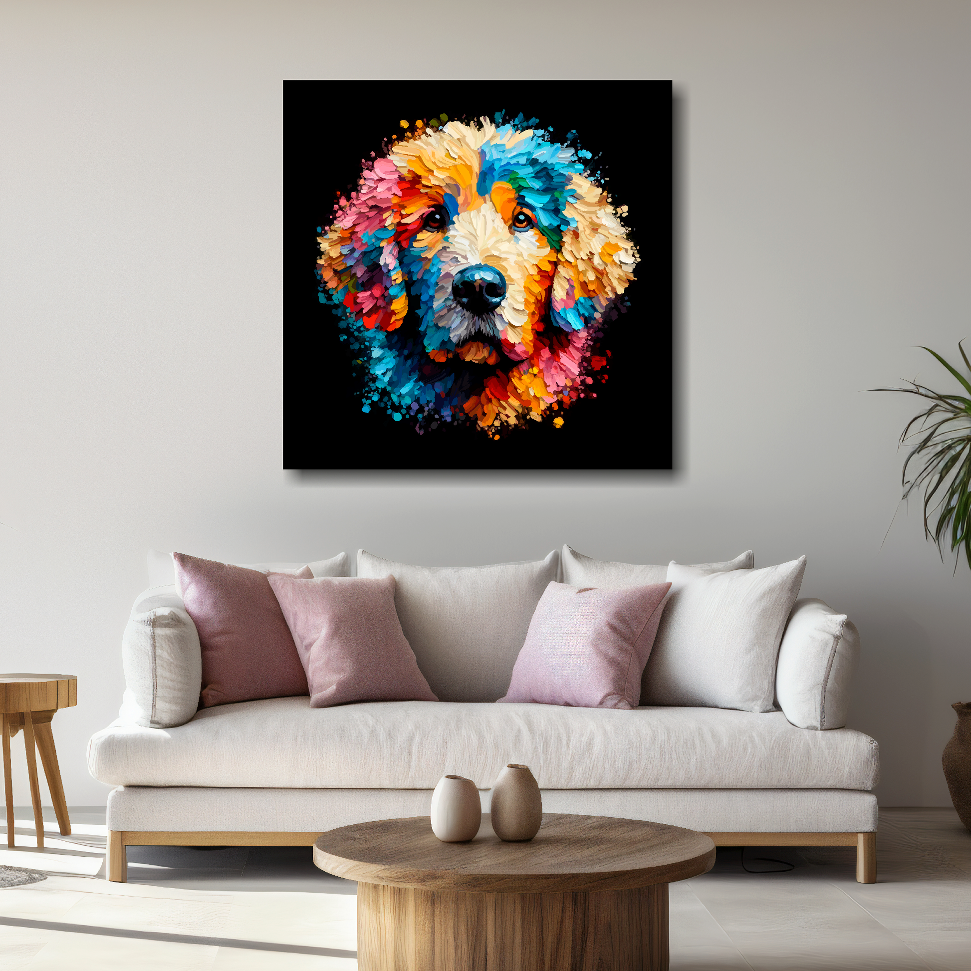 Large Curly Coated Retriever portrait canvas - colourful dog wall decor UK