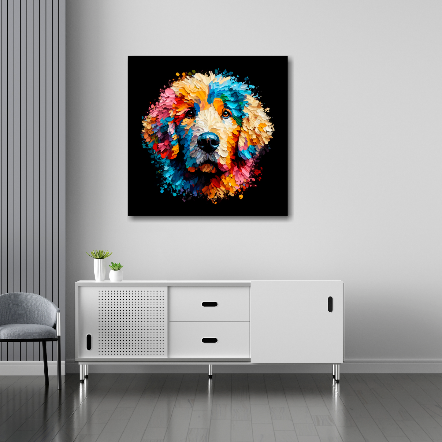 Curly Coated Retriever canvas 30x30 inches above sideboard - large dog portrait UK made