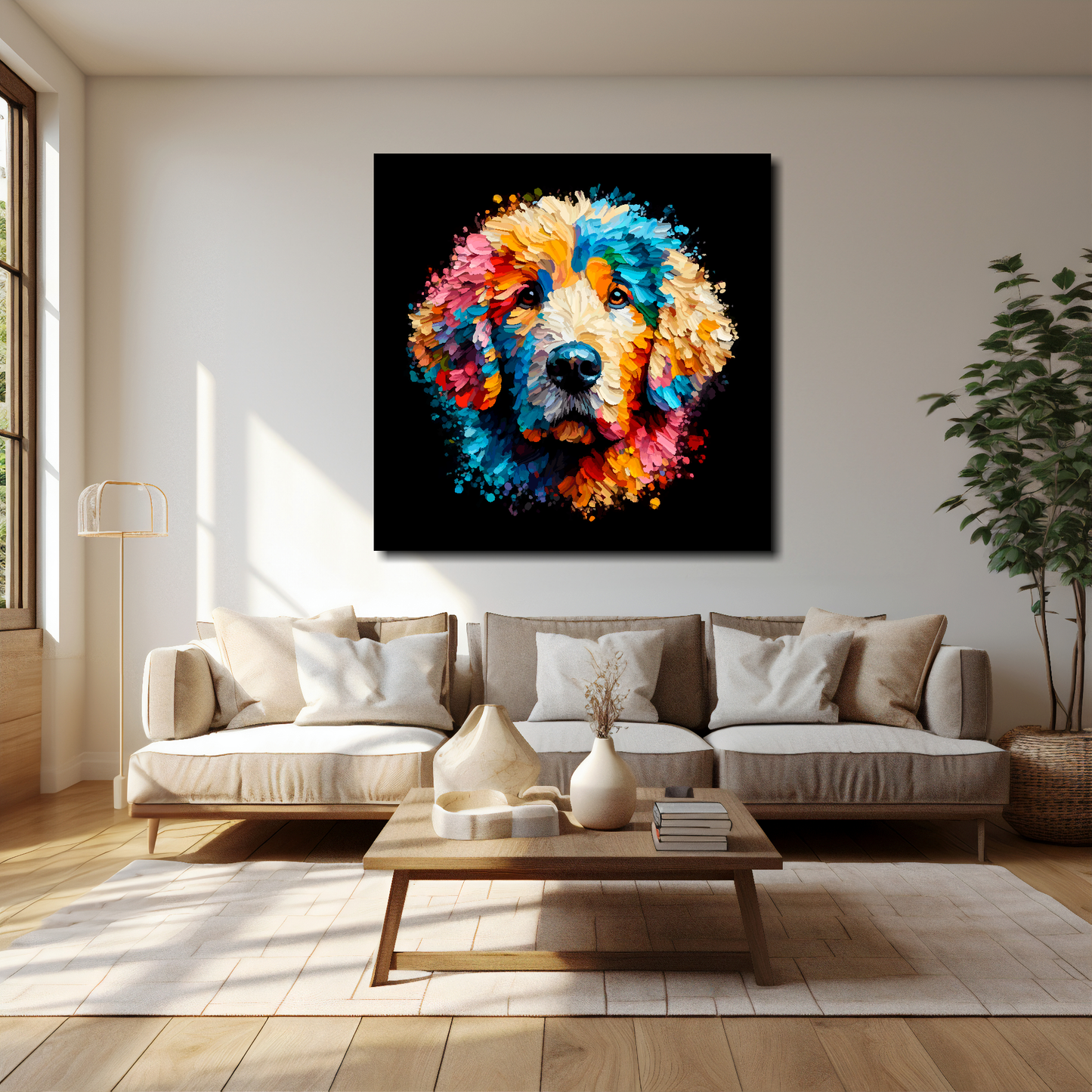 Curly Coated Retriever canvas 40x40 inches above cream sofa - XL dog wall art UK