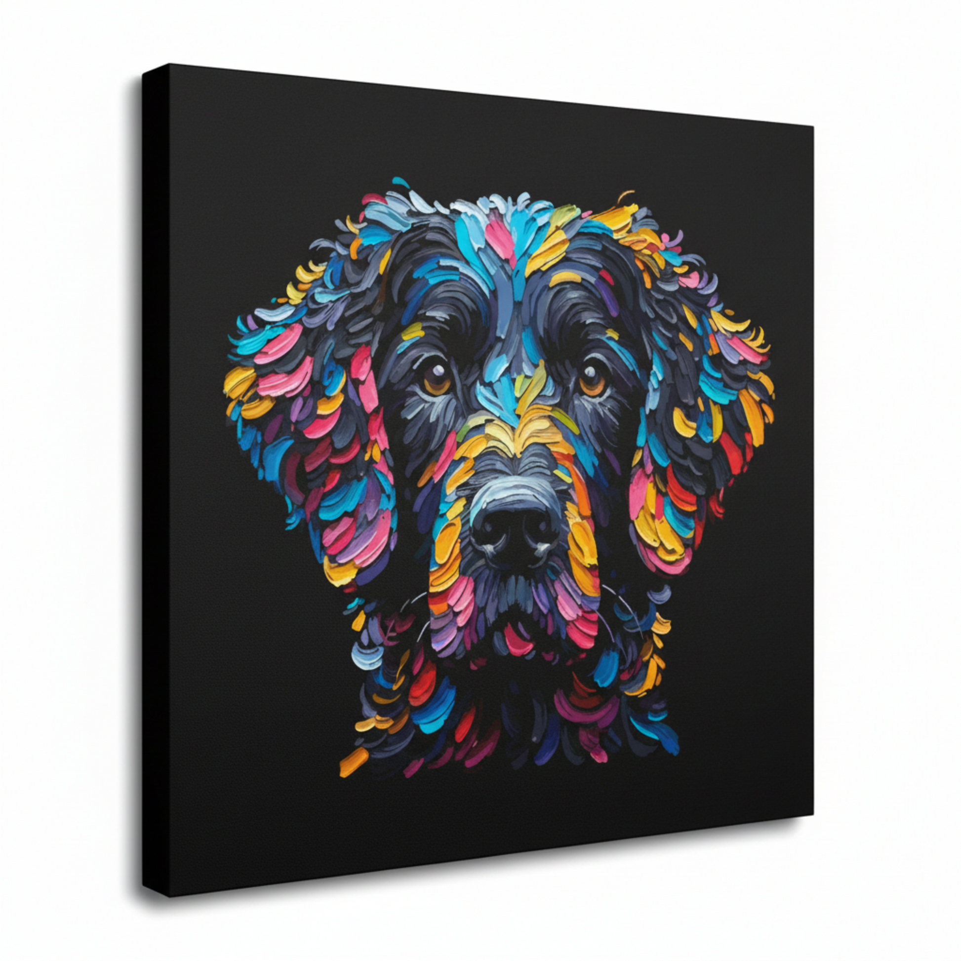 Colourful Black Curly Coated Retriever dog portrait canvas print - UK made abstract pet wall art black background