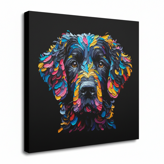 Colourful Black Curly Coated Retriever dog portrait canvas print - UK made abstract pet wall art black background