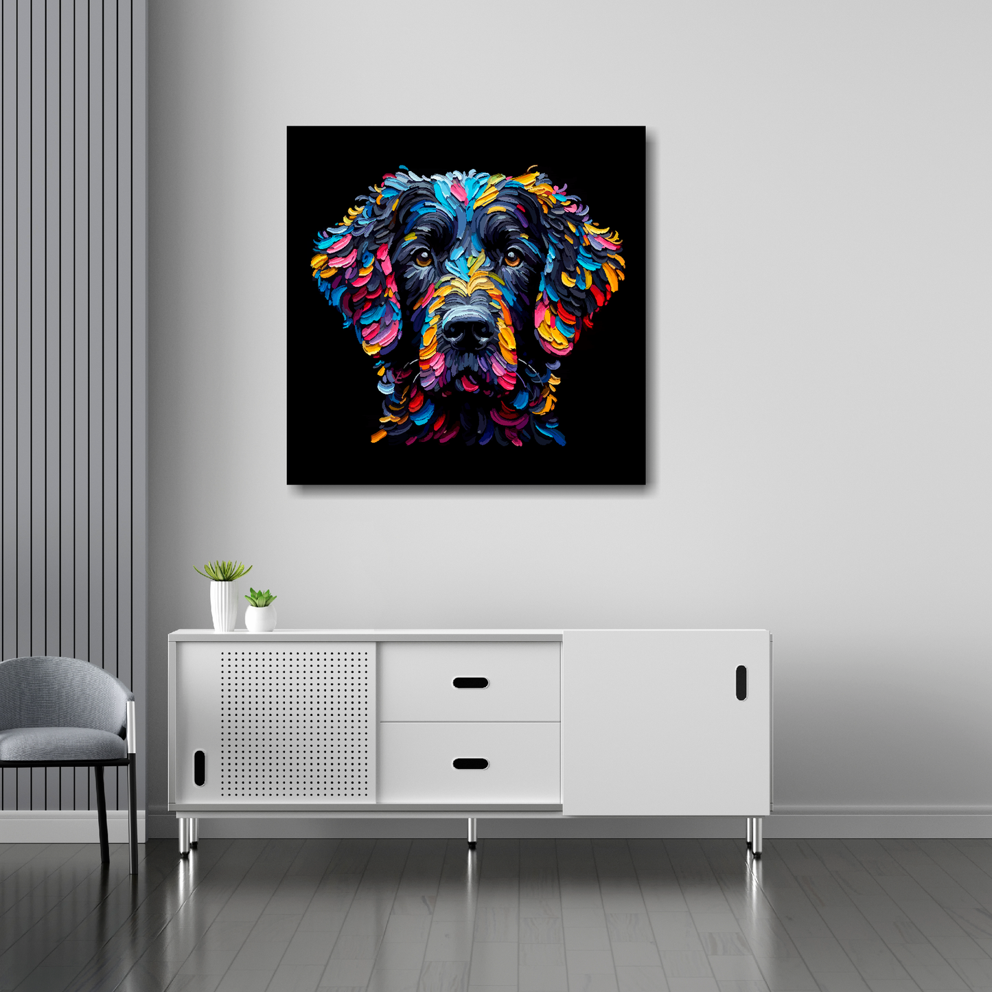 Black Curly Coated Retriever canvas 30x30 inches above sideboard - large colourful dog portrait UK made