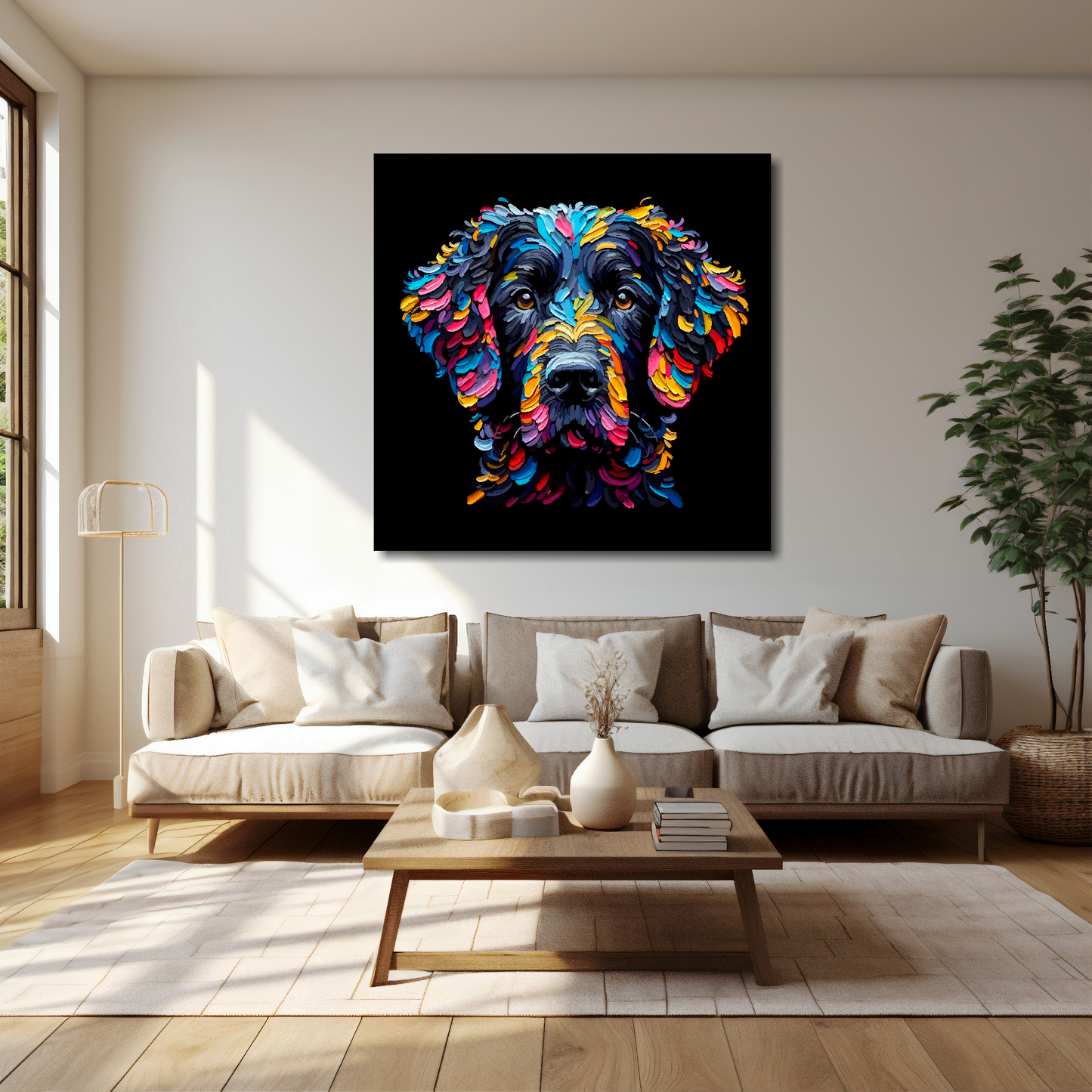 Black Curly Coated Retriever canvas 40x40 inches above cream sofa - XL vibrant dog wall art UK