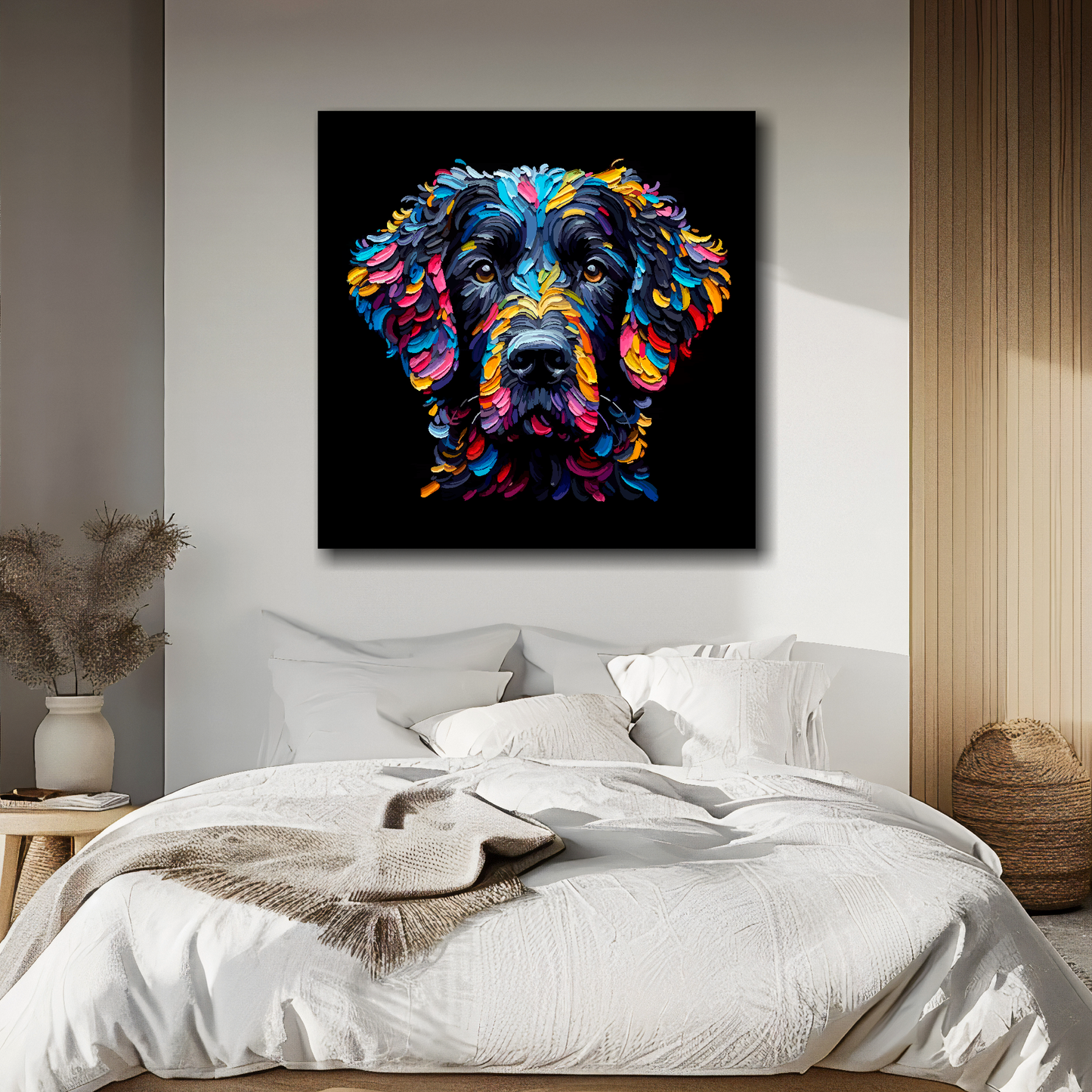 Black Curly Coated Retriever portrait canvas above bed - colourful dog wall decor for UK bedrooms