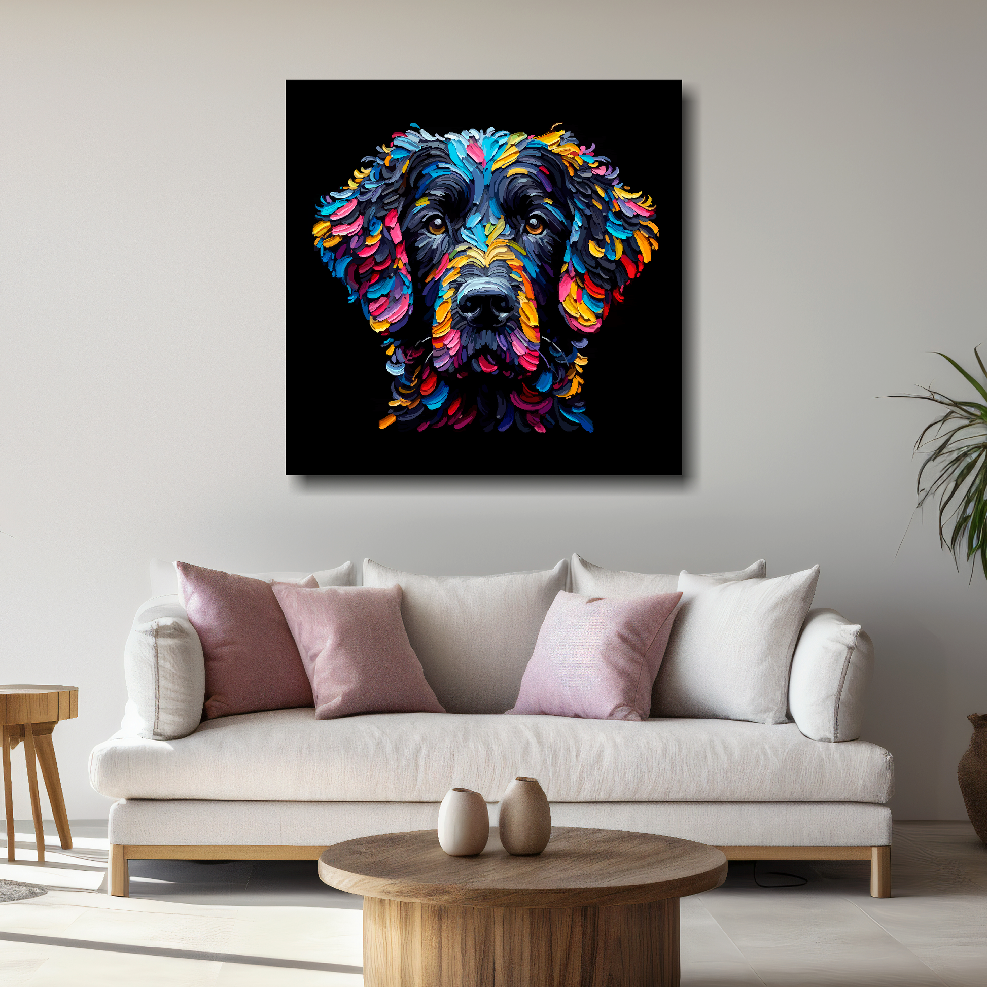 Large Black Curly Coated Retriever canvas above white sofa - vibrant abstract dog portrait wall art UK