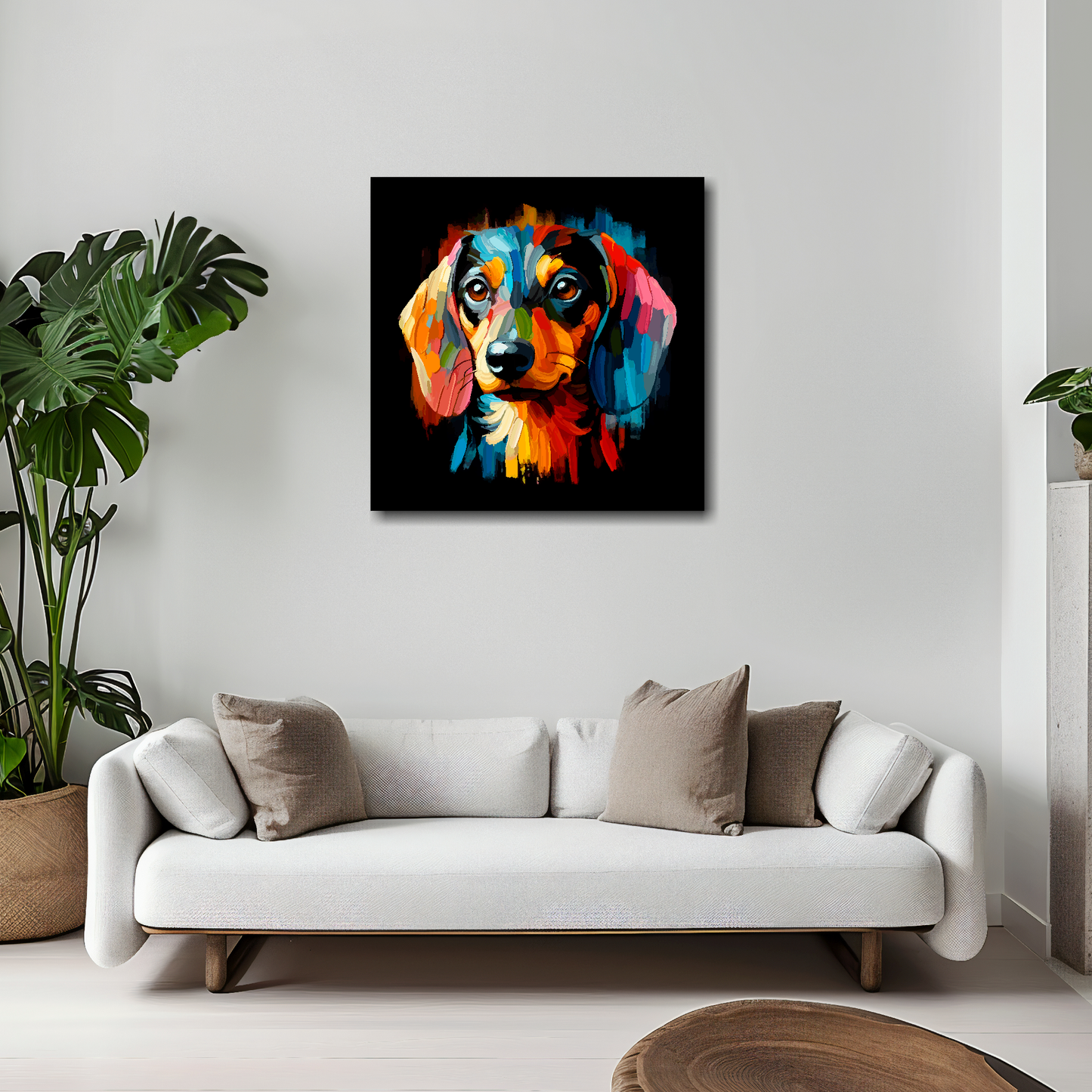 Dachshund canvas 20x20 inches above white sofa - vibrant dog portrait UK