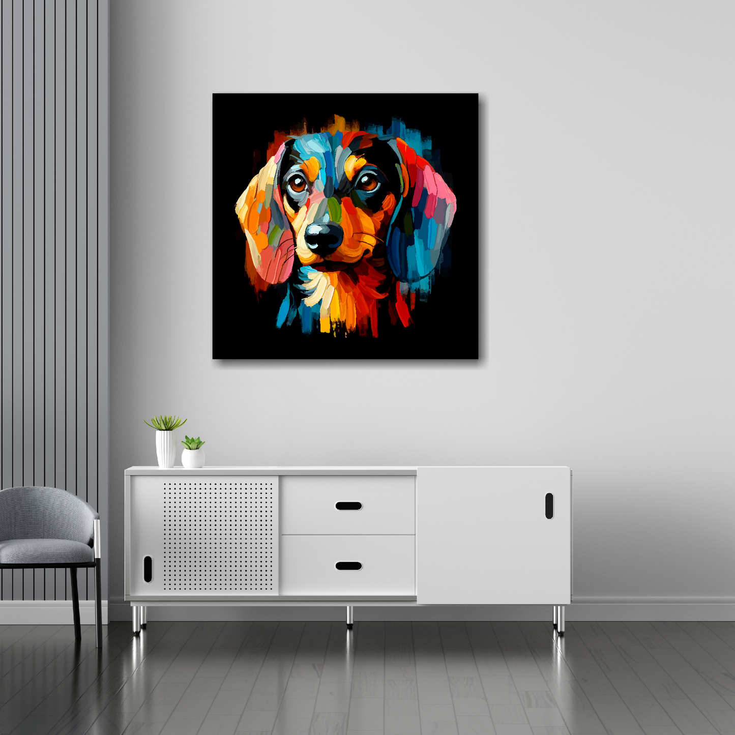 Dachshund canvas 30x30 inches above sideboard - large dog portrait UK made