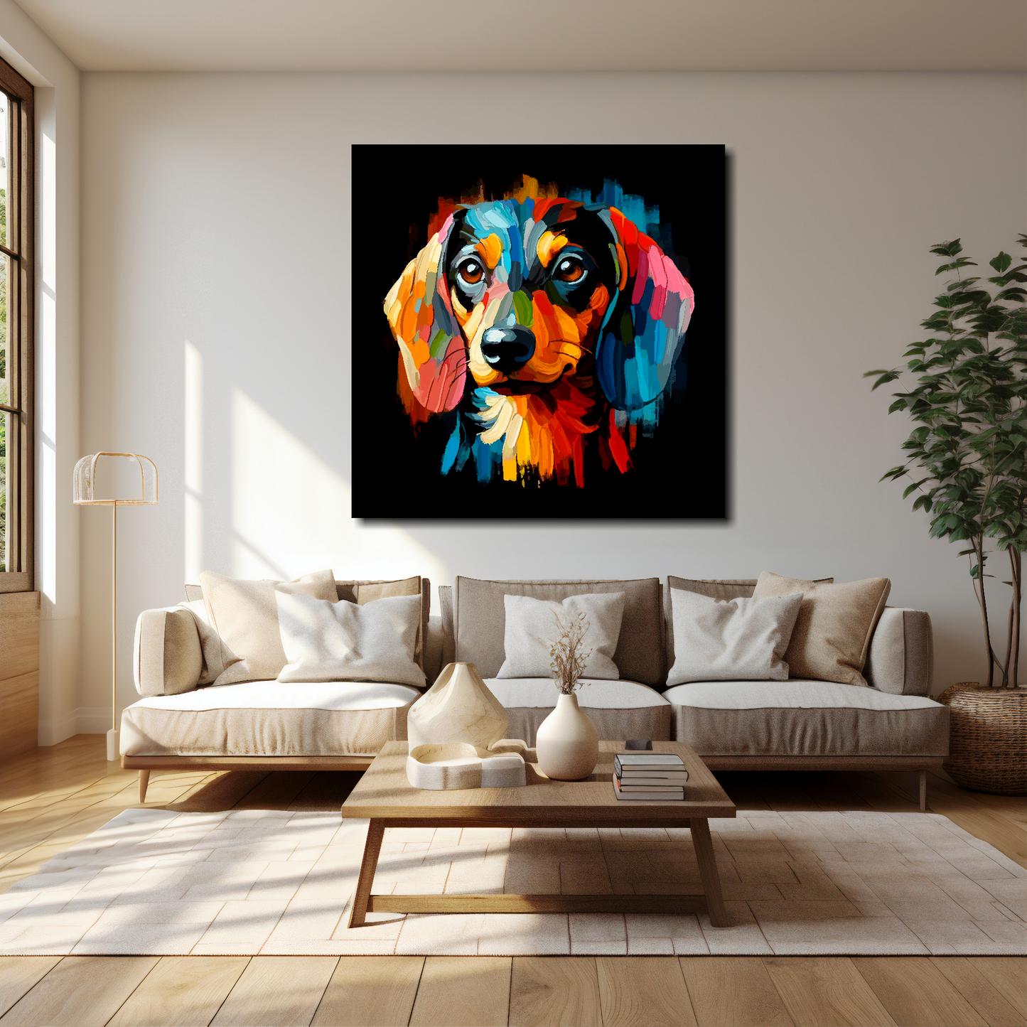 Dachshund canvas 40x40 inches above cream sofa - XL dog wall art UK