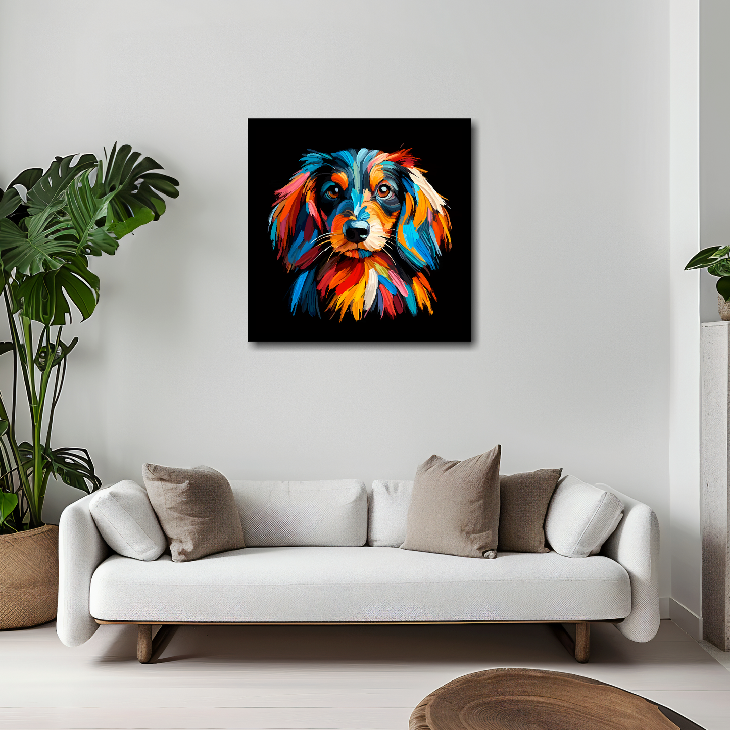 Dachshund Longhair canvas 20x20 inches above white sofa - vibrant dog portrait wall art UK