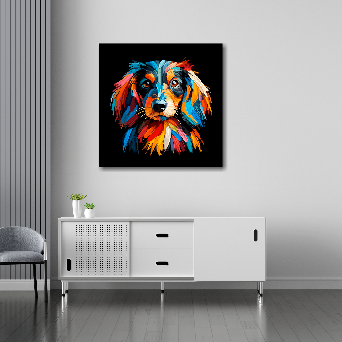 Dachshund Longhair canvas 30x30 inches above sideboard - large colourful dog portrait UK made