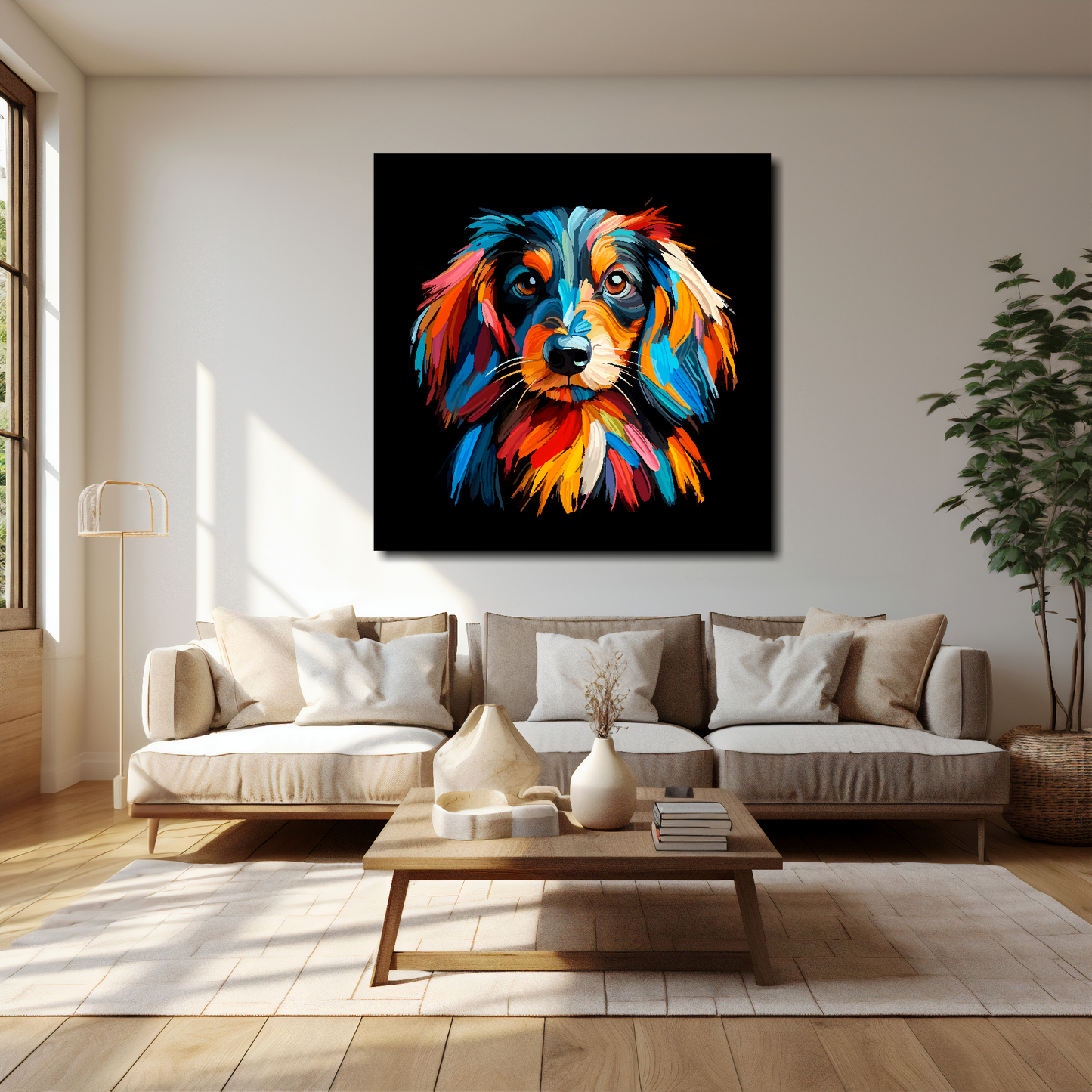 Dachshund Longhair canvas 40x40 inches above cream sofa - XL vibrant dog wall art UK