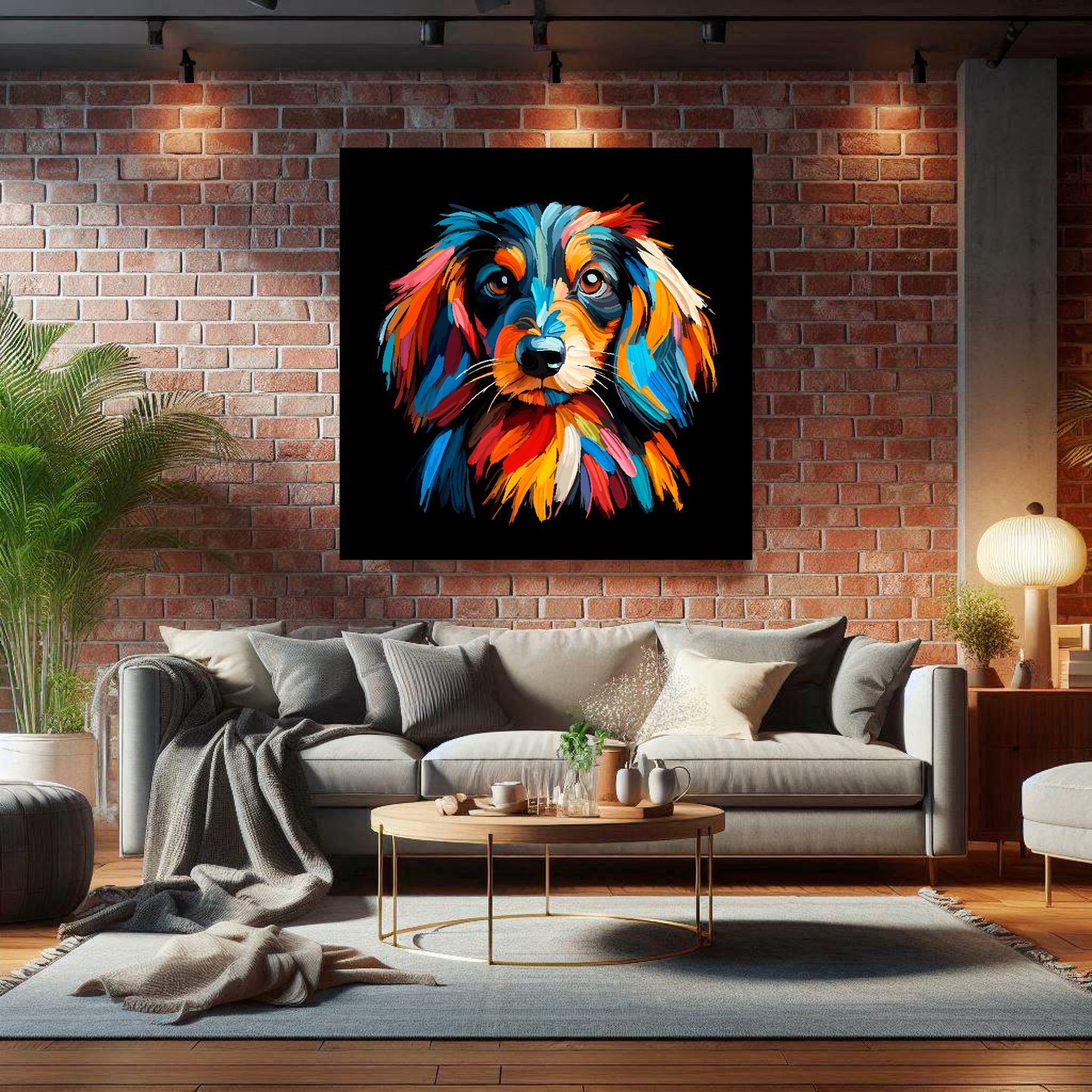 Large Dachshund Longhair canvas on brick wall above grey sofa - bold dog portrait UK living room