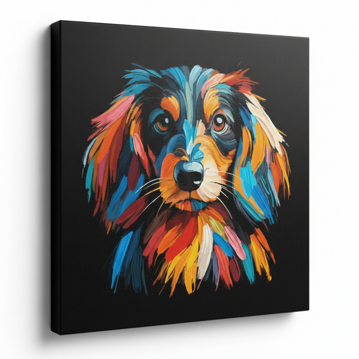 Colourful Dachshund Longhair dog portrait canvas print - UK made abstract pet wall art black background