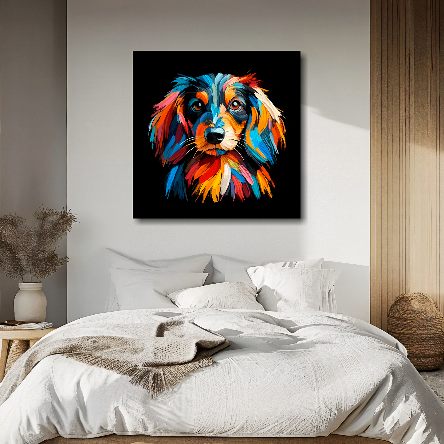 Dachshund Longhair portrait canvas above bed - colourful dog wall decor for UK bedrooms