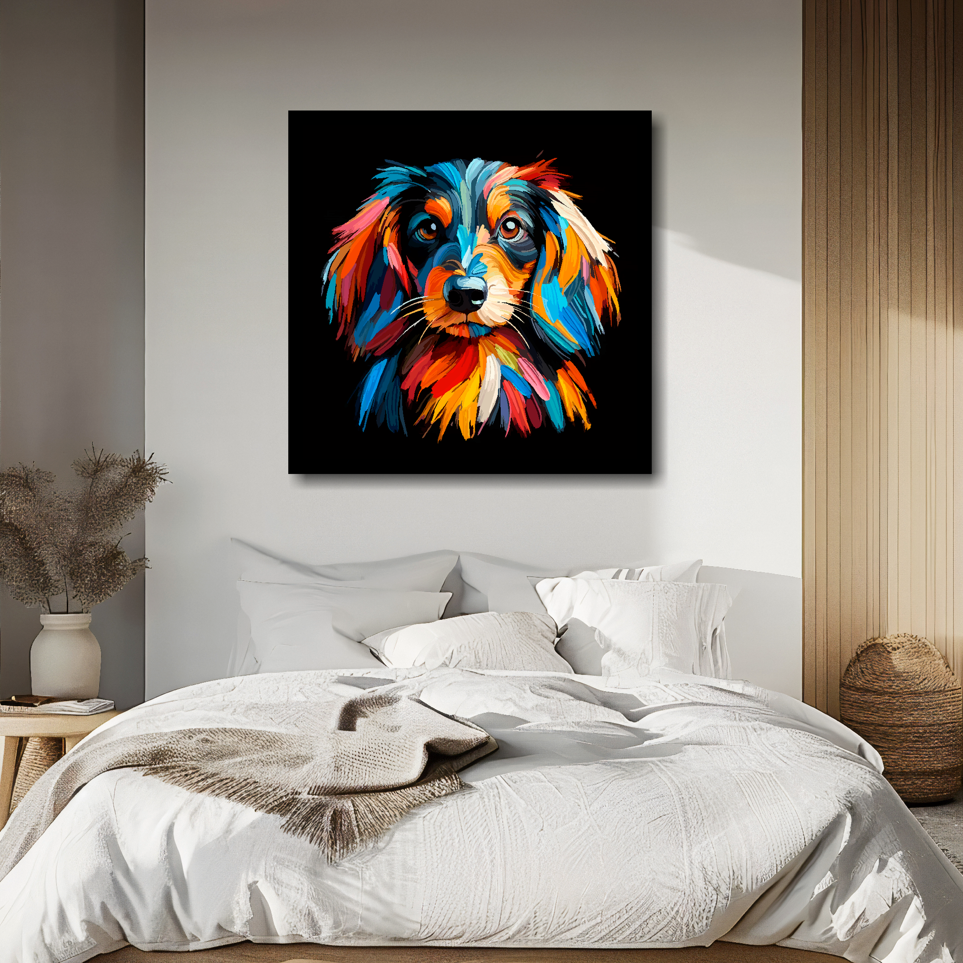 Dachshund Longhair portrait canvas above bed - colourful dog wall decor for UK bedrooms