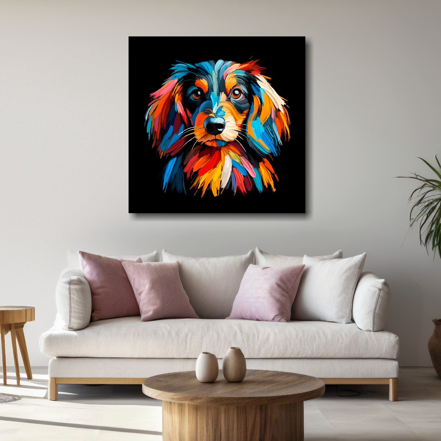 Large Dachshund Longhair canvas on brick wall above grey sofa - bold dog portrait UK living room