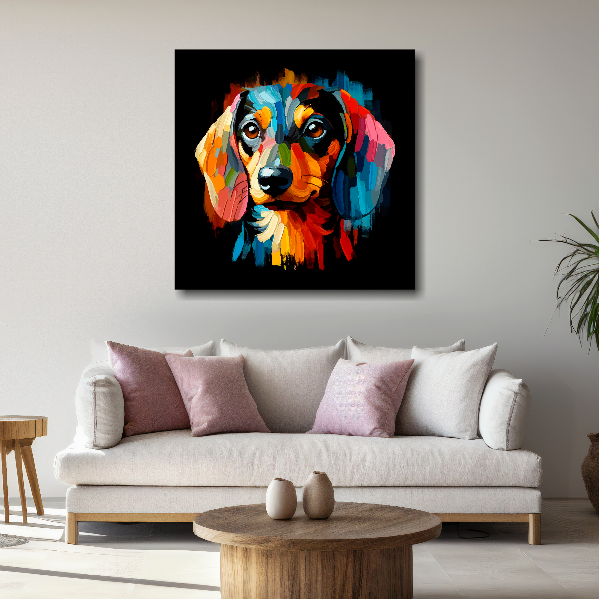 Large Dachshund portrait canvas - colourful dog wall decor UK