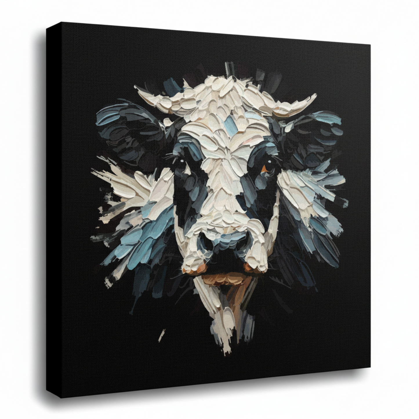 Large canvas wall art - Colourful Dairy Cow portrait on a black background. Available in 3 large sizes.