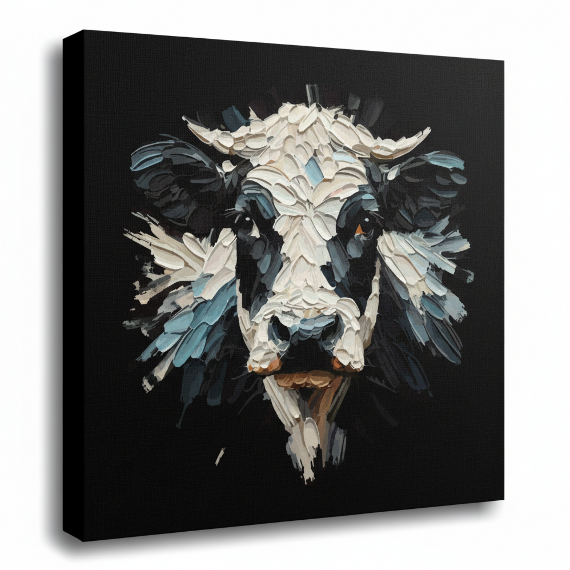Large canvas wall art - Colourful Dairy Cow portrait on a black background. Available in 3 large sizes.
