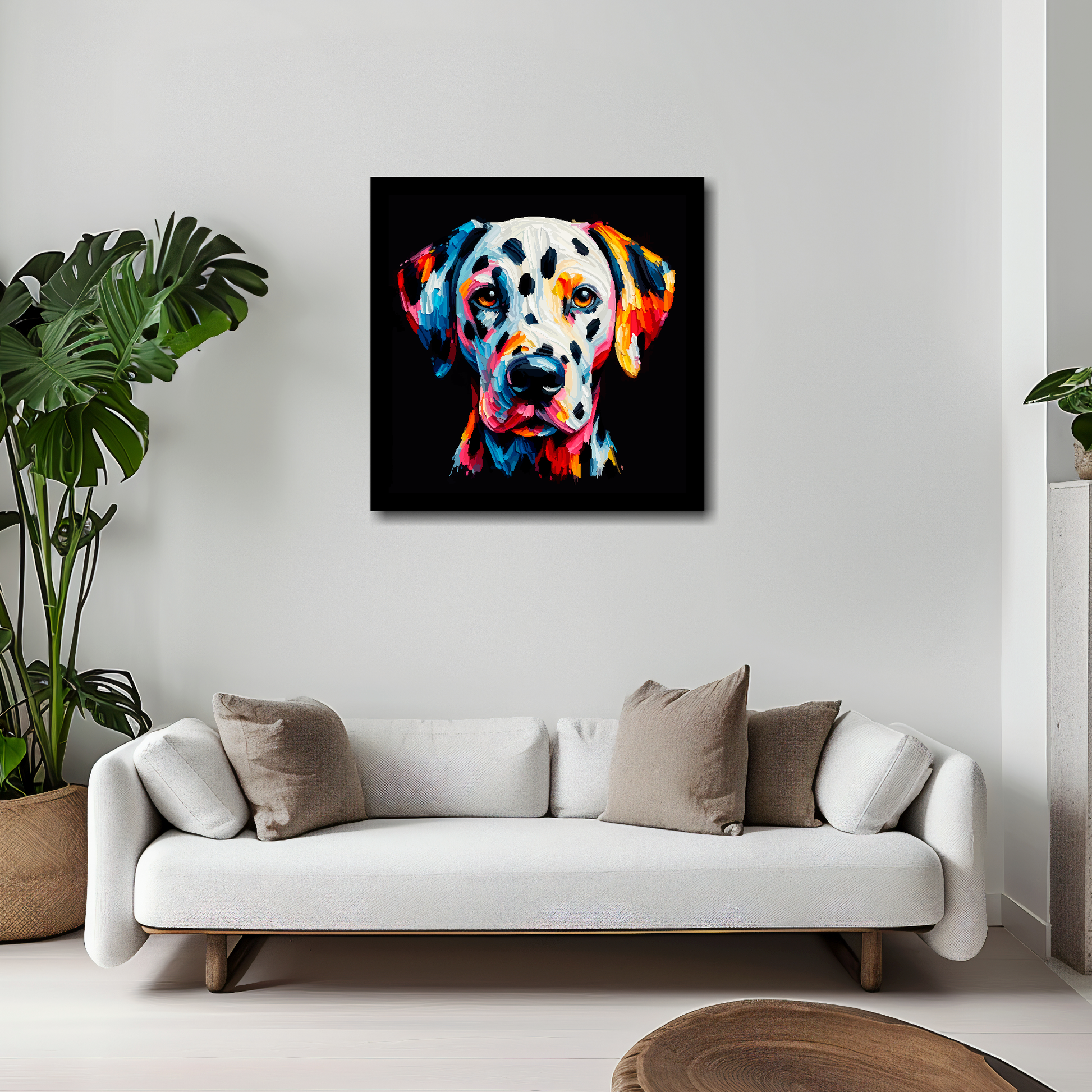 Dalmatian canvas 20x20 inches above white sofa - vibrant dog portrait UK