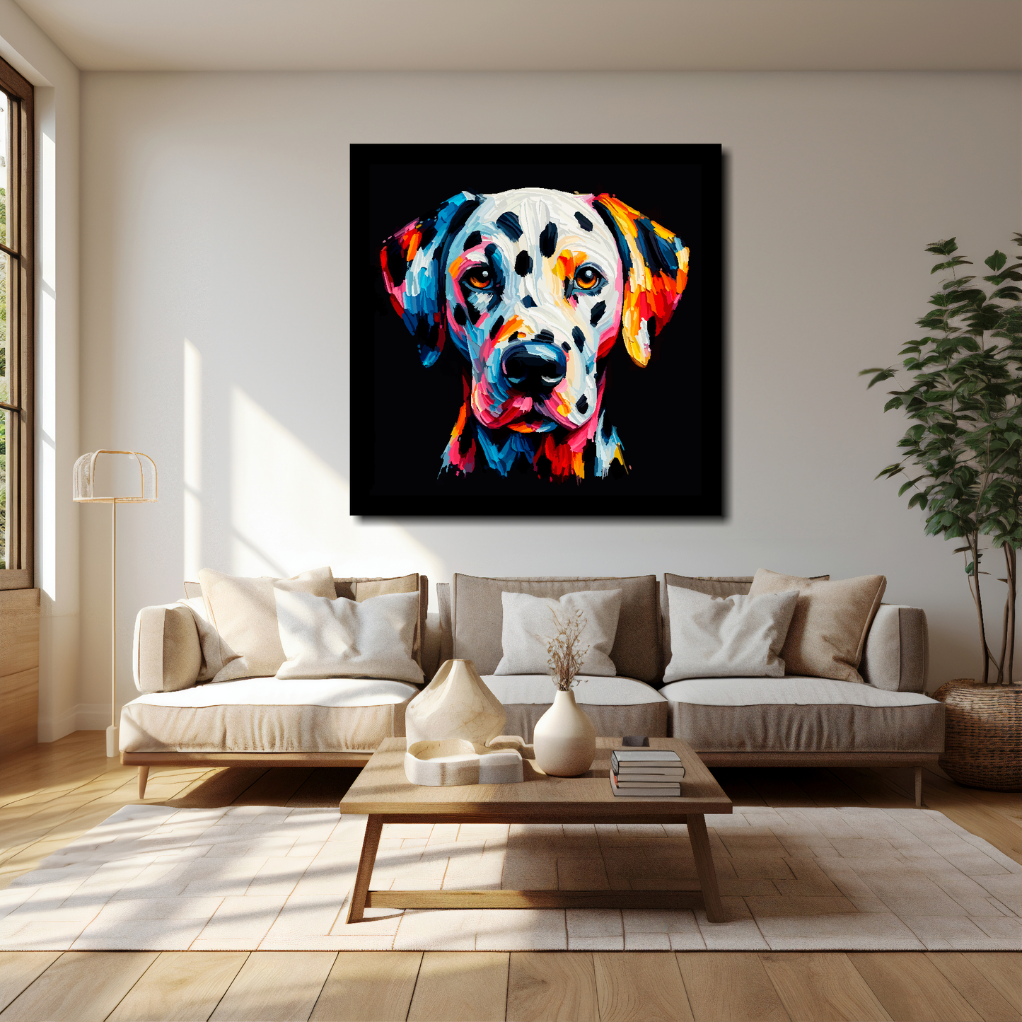 Dalmatian canvas 40x40 inches above cream sofa - XL dog wall art UK