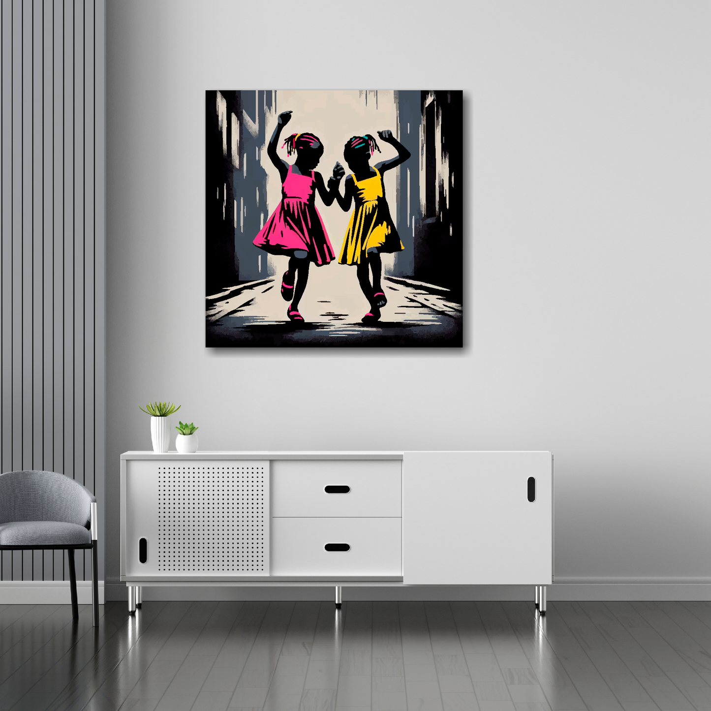 Dancing in the street canvas 30x30 inches above sideboard - large colourful dance art UK made