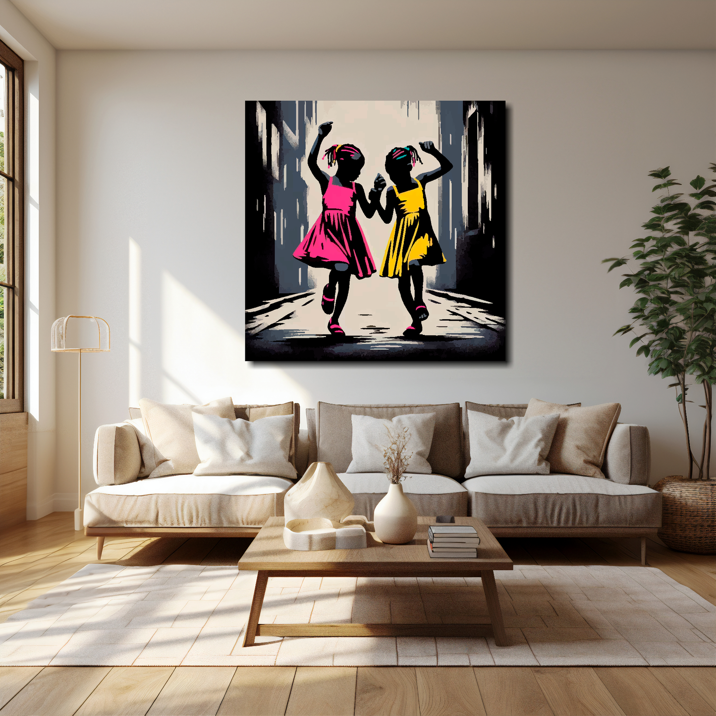 Dancing in the street canvas 40x40 inches above cream sofa - XL vibrant dance wall art UK
