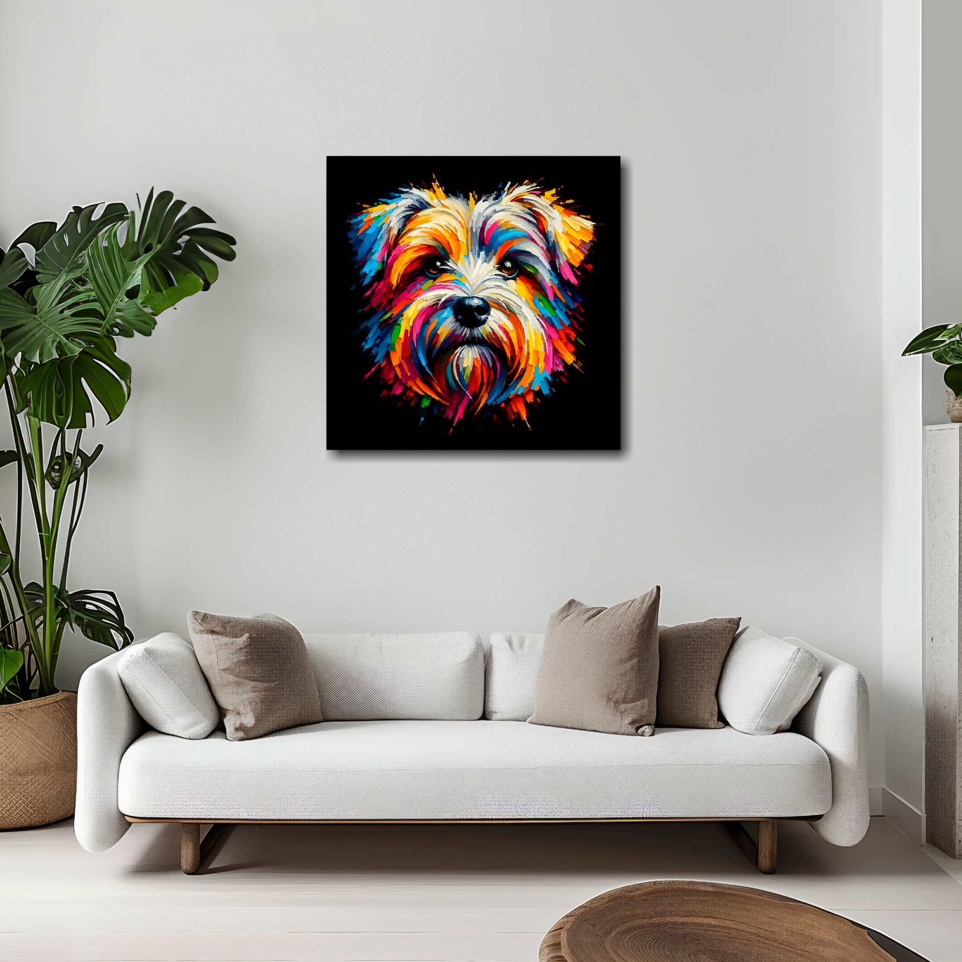 Dandie Dinmont Terrier canvas 20x20 inches above white sofa - vibrant dog portrait wall art UK