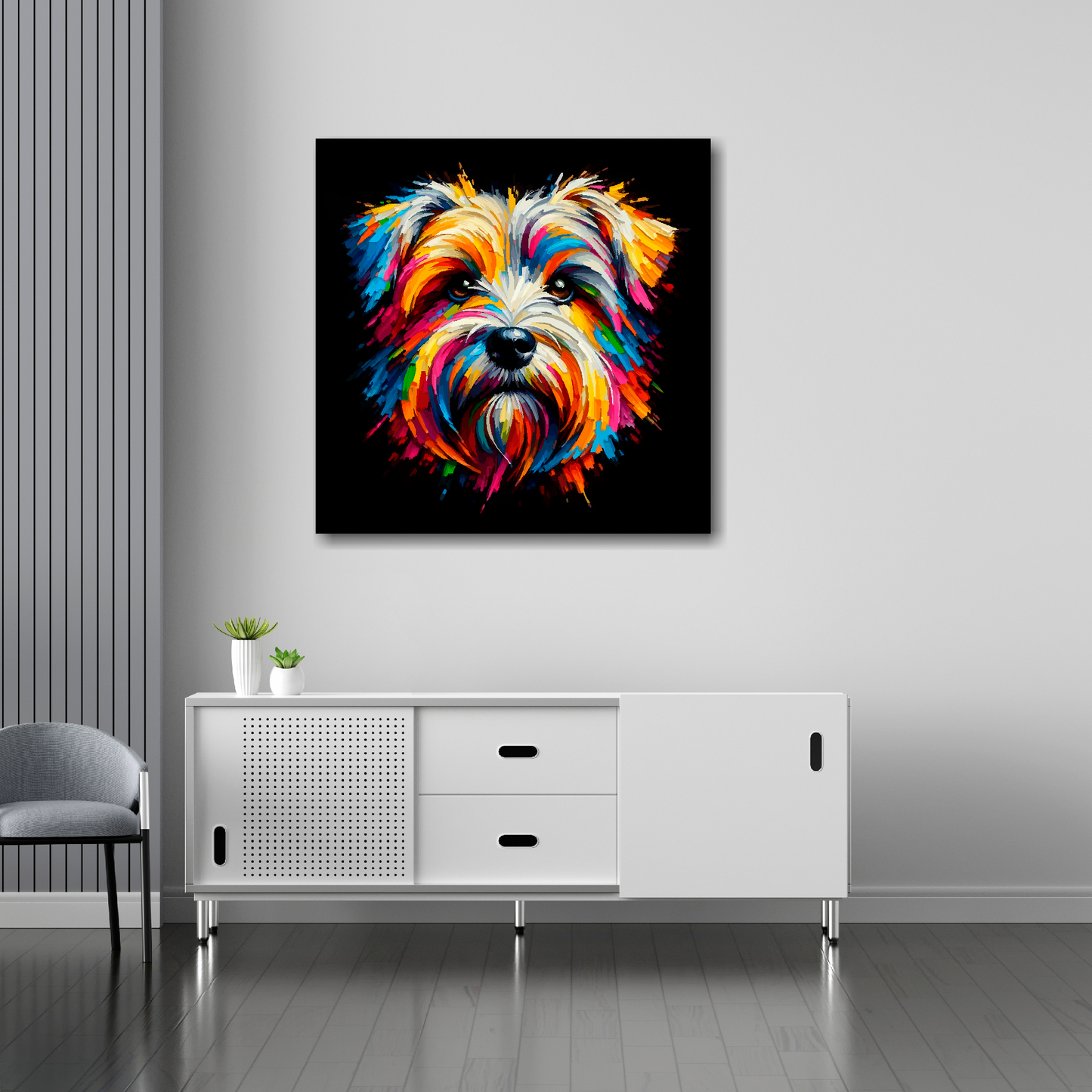 Dandie Dinmont Terrier canvas 30x30 inches above sideboard - large colourful dog portrait UK made