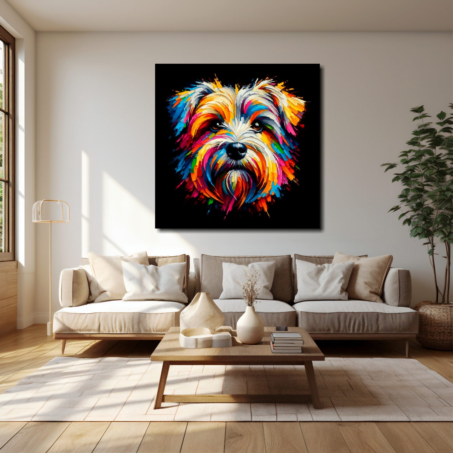 Dandie Dinmont Terrier canvas 40x40 inches above cream sofa - XL vibrant dog wall art UK