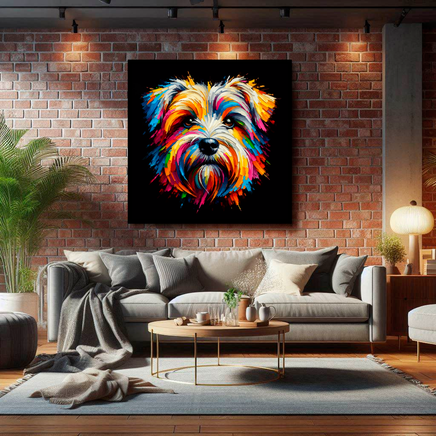 Large Dandie Dinmont Terrier canvas on brick wall above grey sofa - bold dog portrait UK living room